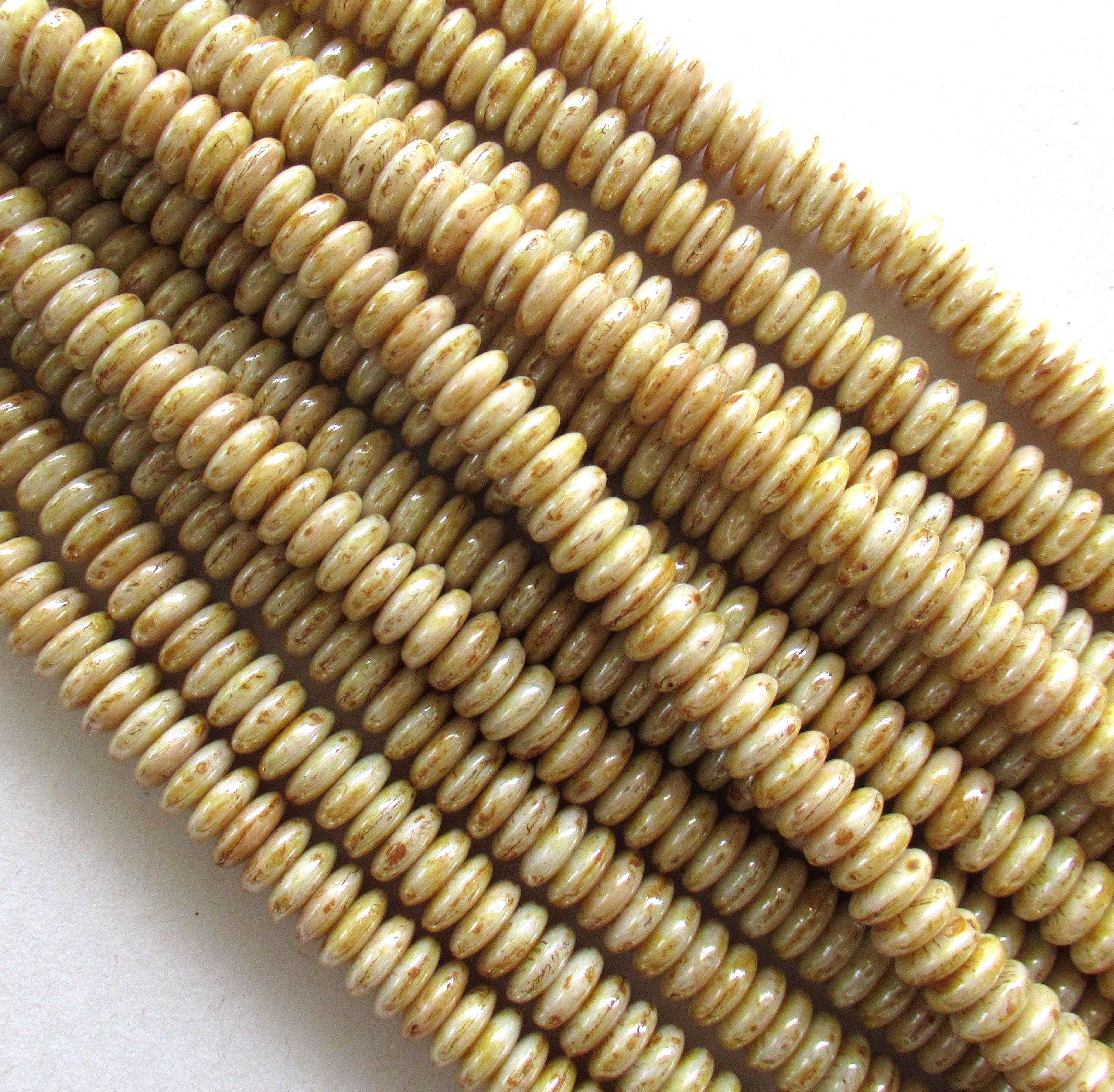 50 6mm Czech glass rondelle spacer beads - opaque off white luster with a picasso finish - flat spacers or rondelles - C0066