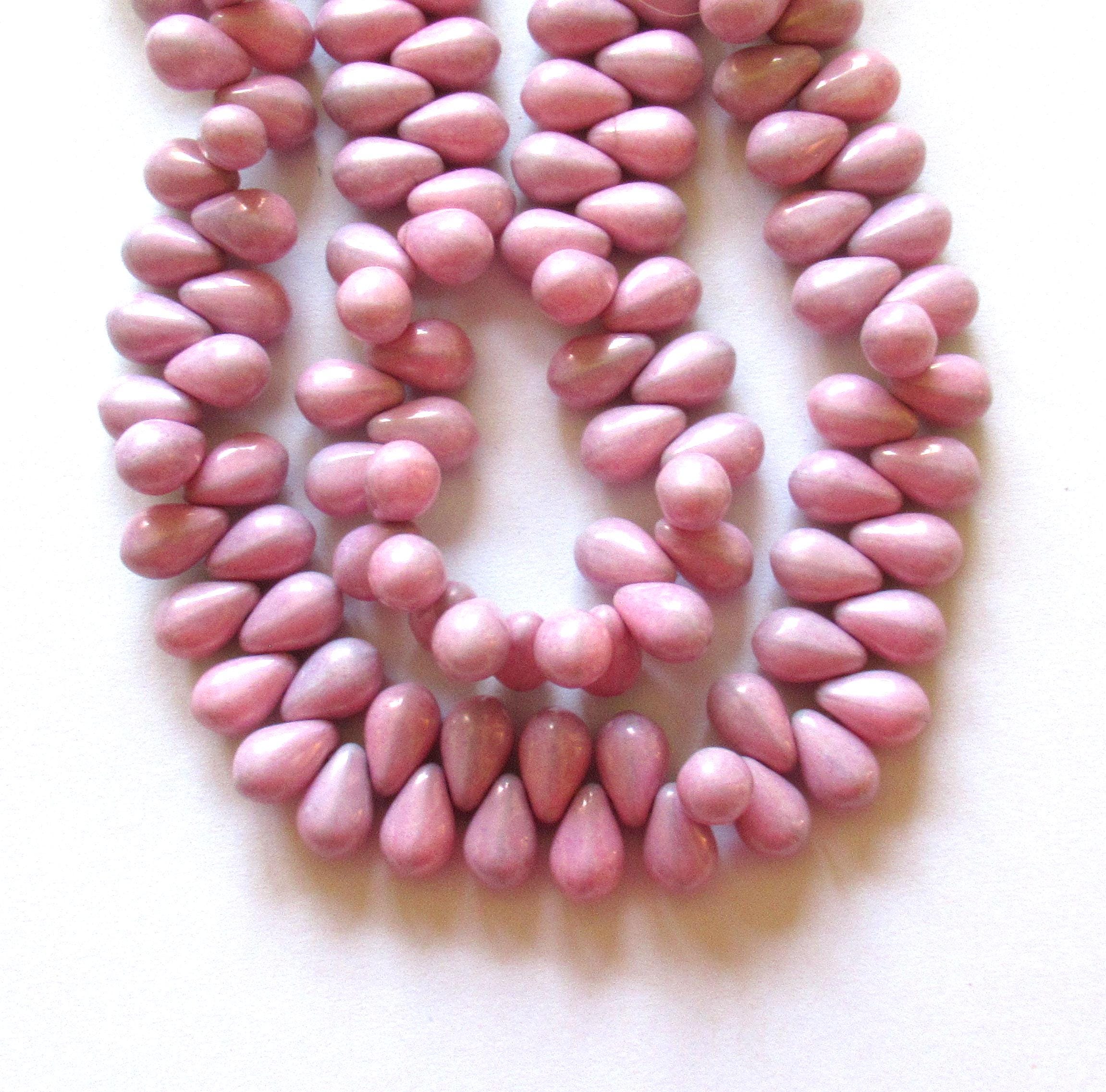 25 Czech glass drop beads - opaque pink - side drilled - smooth teardrop beads - 9 x 6mm - 00121