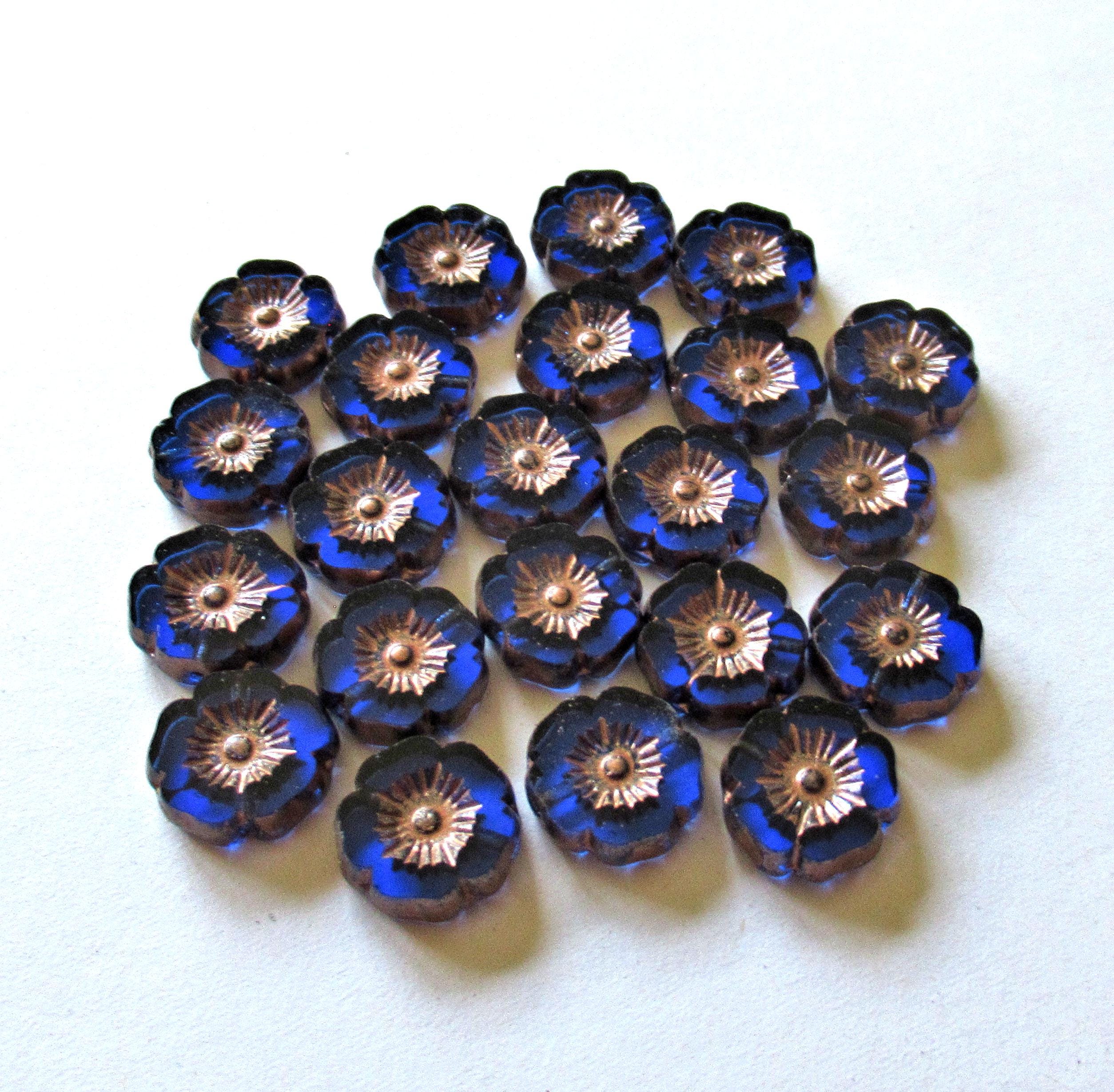 Czech glass flower beads - 12mm - sapphire blue w/ copper accents - table cut carved - Hawaiian hibiscus flowers - 8 beads - C0741