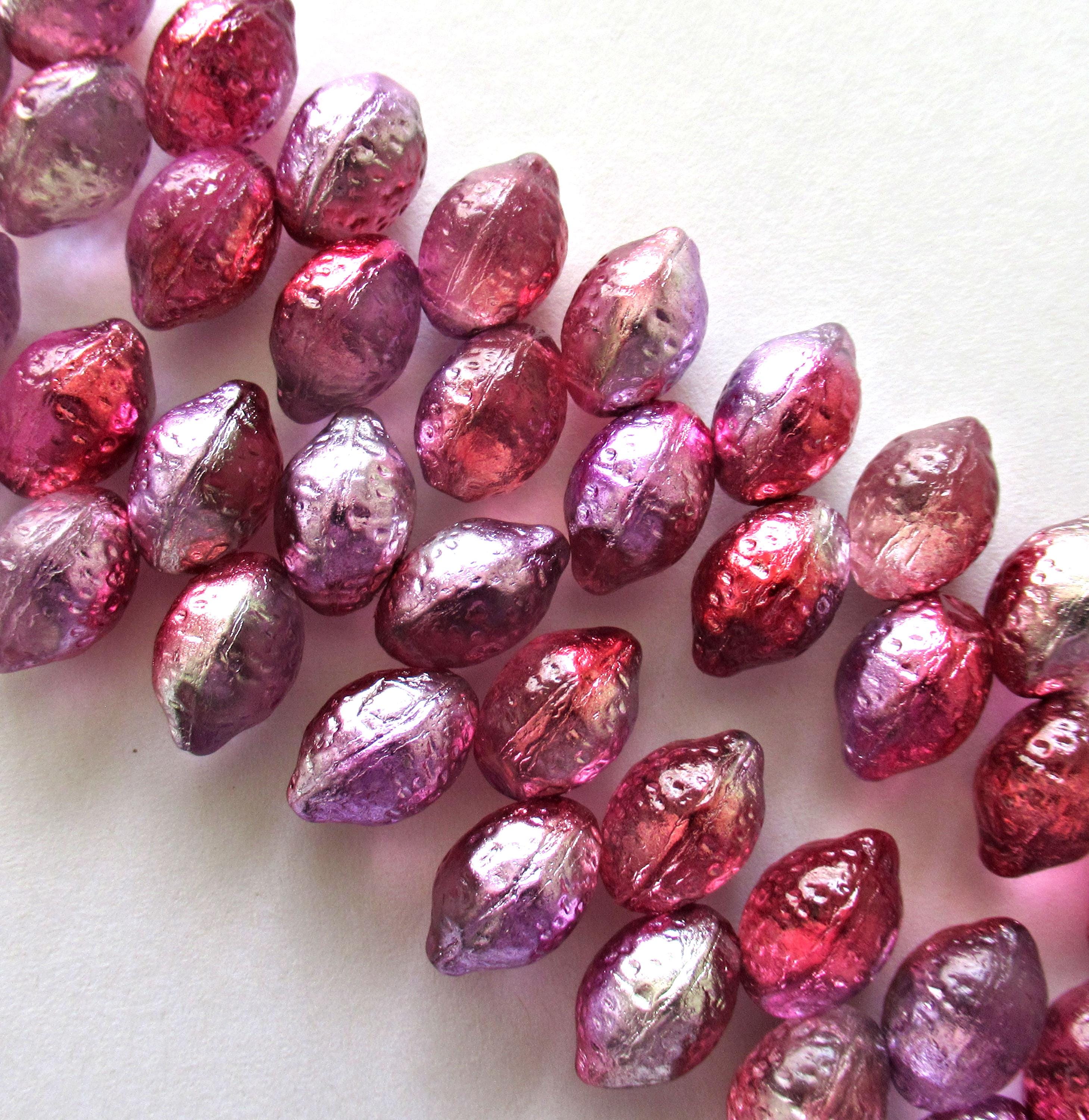 Lemon shaped drop beads - 14 x 10mm - pink lilac & silver - side drilled - pressed Czech glass beads - 10 pieces - C00831