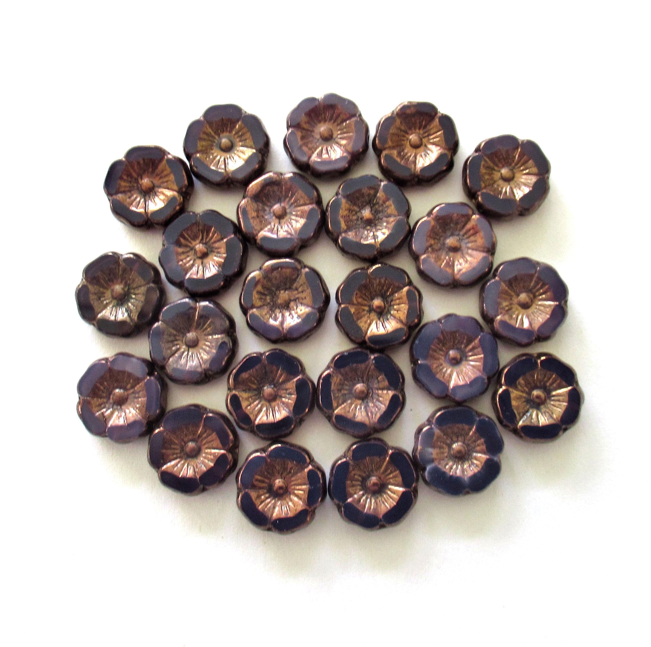 Czech glass flower beads - 12mm - purple opaline w/ a bronze wash - Hawaiian hibiscus - table cut carved - 8 pieces - 00002