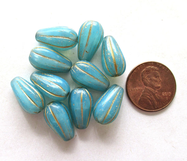 Ten Czech glass teardrop melon beads - blue opal w/ gold accents - 15 x 8mm tear drops 00851