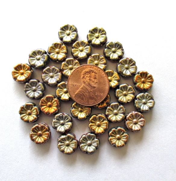 Fifteen 10mm Czech glass flower beads - neutral multicolored metallic beads - pressed glass Hawaiian hibiscus flower beads - C00121