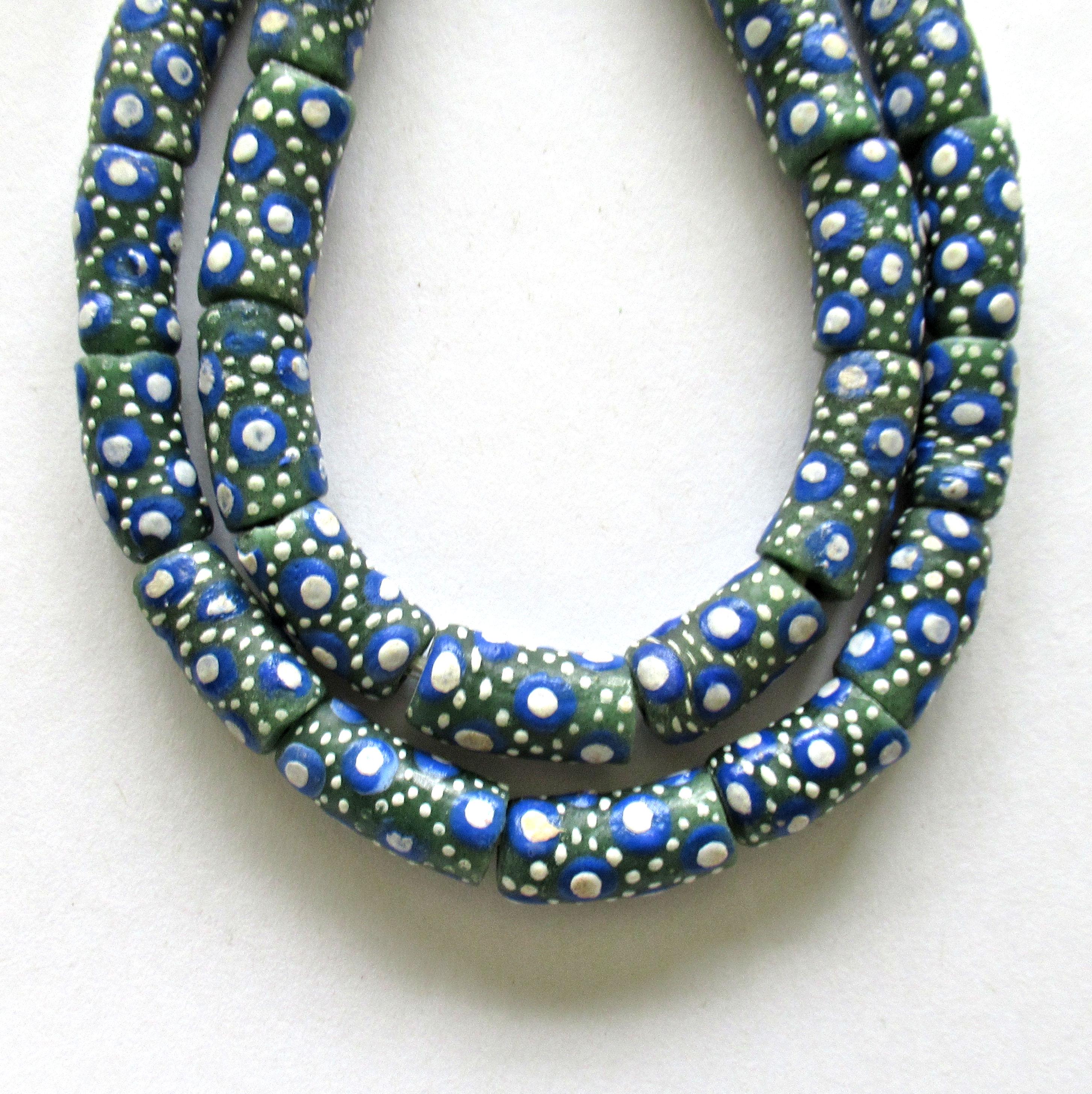 5 African Ghana glass curved tube beads - green beads w/ white& blue dots - 21 - 15.5mm by 9 - 10.5mm - big hole rustic beads - C00161