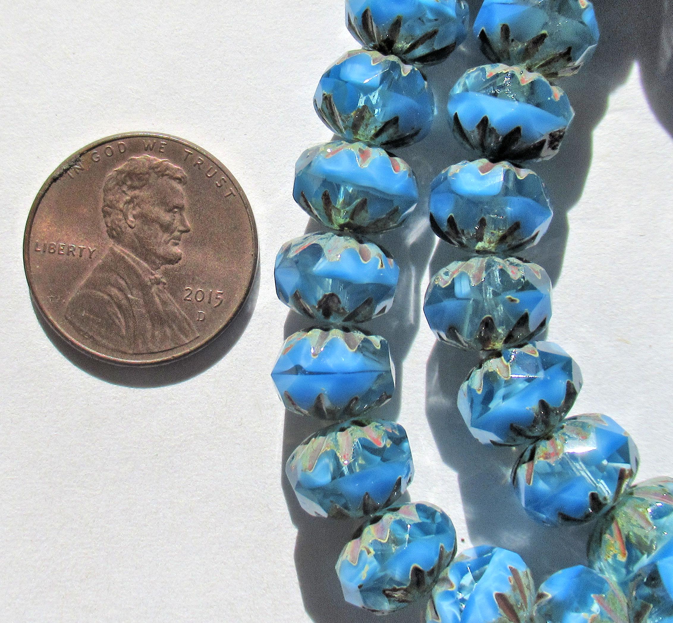 Ten Czech glass faceted carved cruller beads - 10 x 7mm - sky blue silk and crystal clear mix w/ picasso accents - 000451