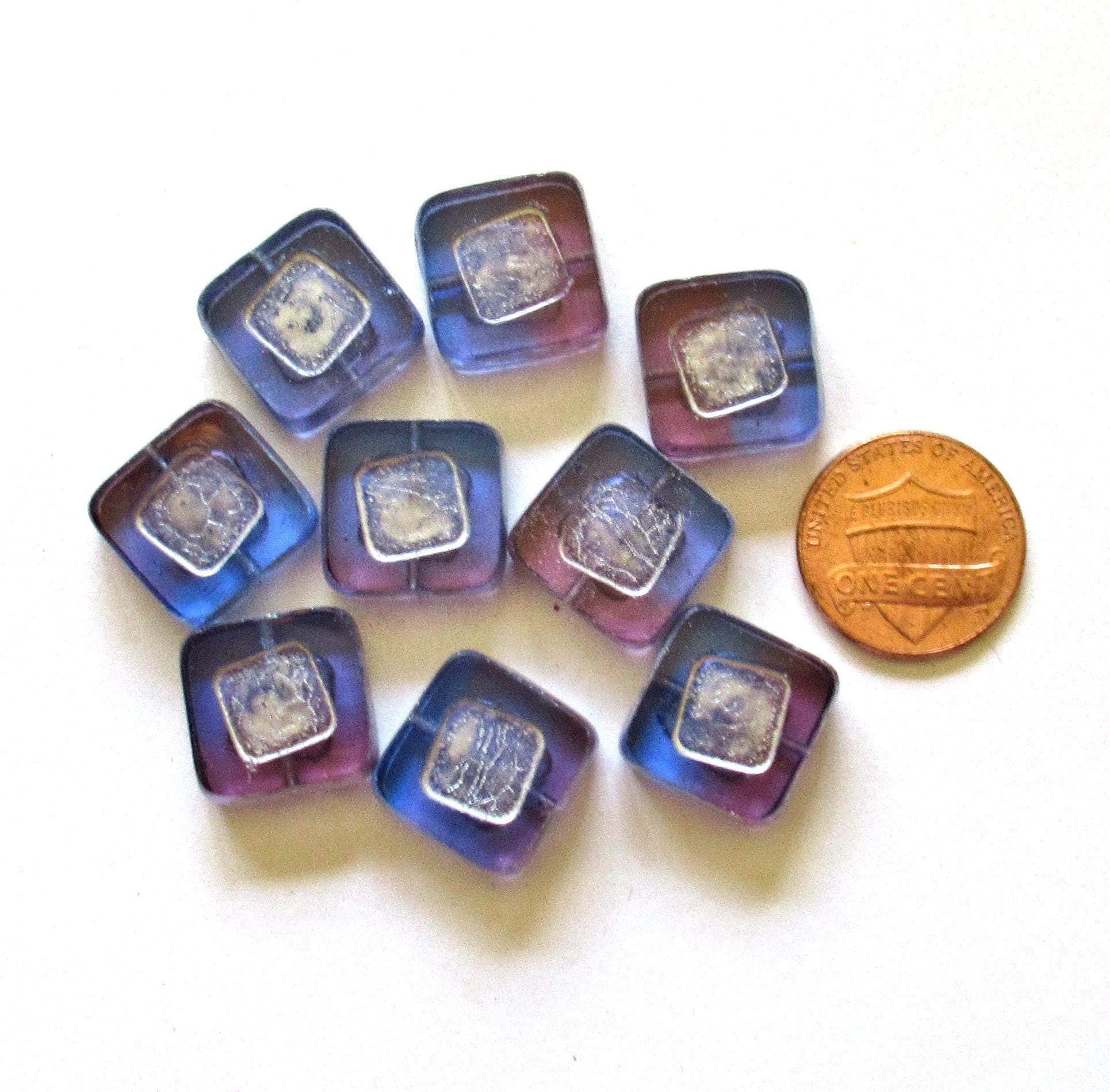 Five large Czech glass square beads - 14 x 14mm - blue & purple picasso beads - table cut chunky statement or focal beads - C00142