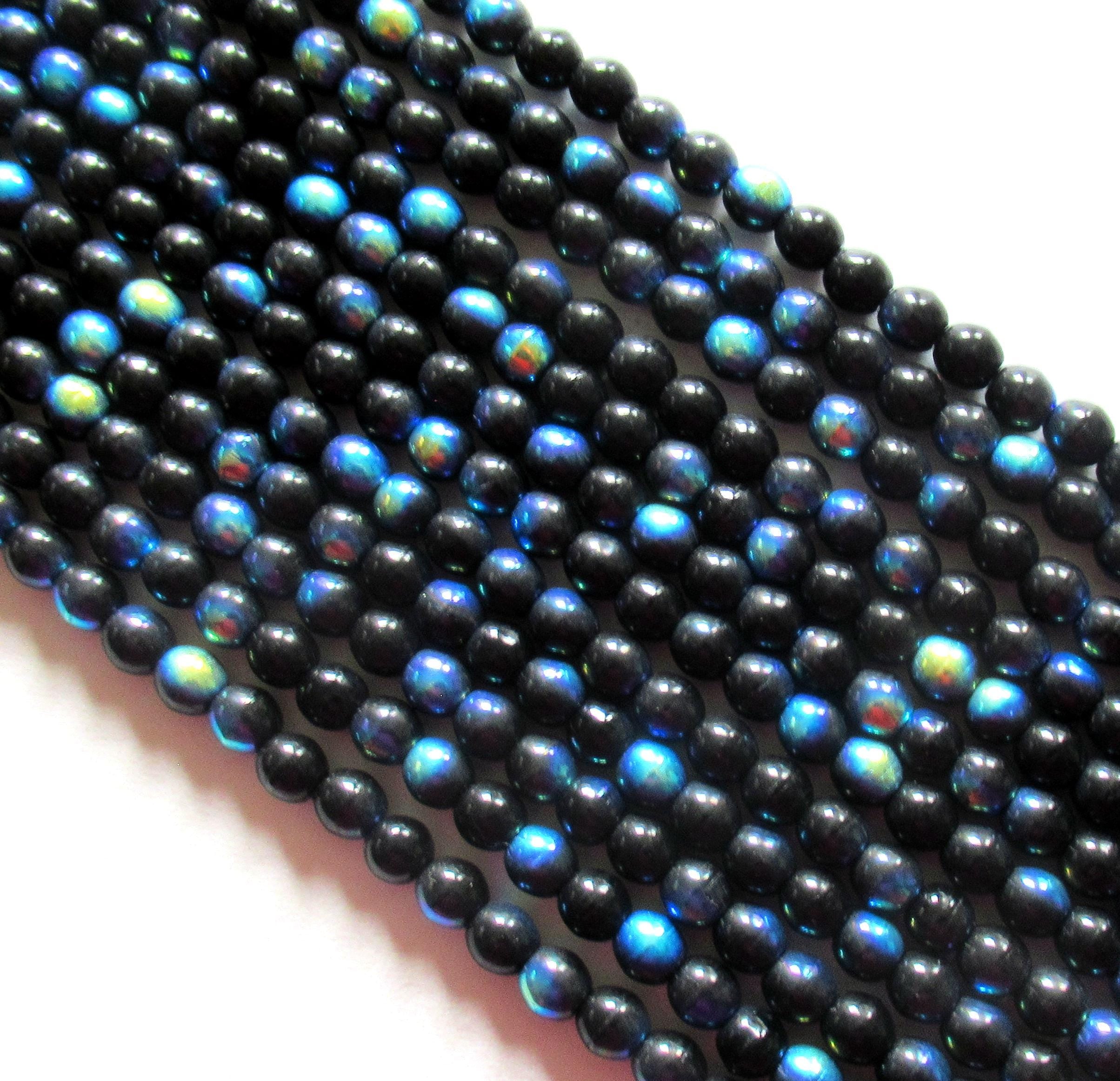 100 4mm Czech glass druks - jet black ab smooth round druk beads - C0036