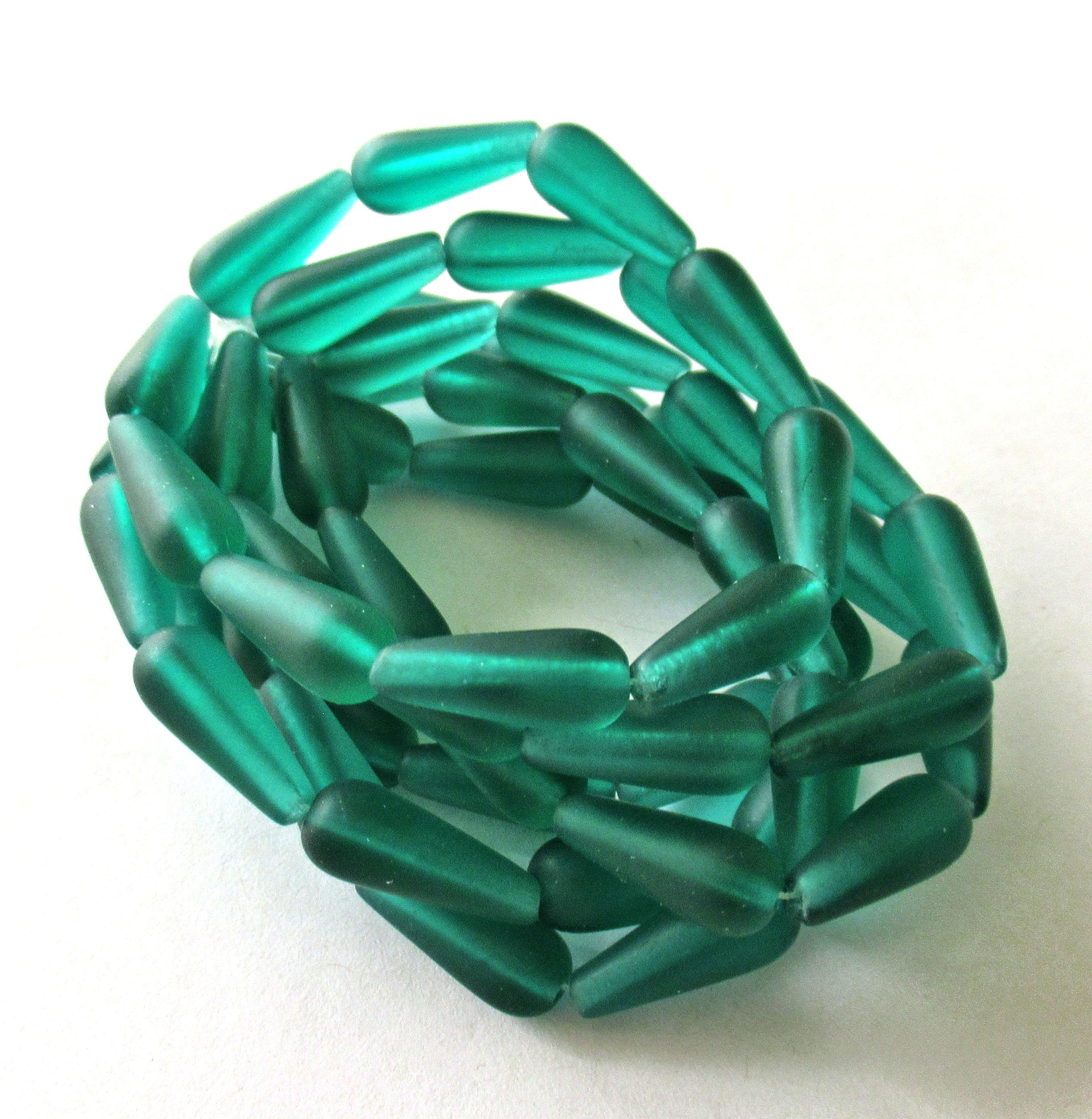 Lot of ten Czech glass teardrop beads - transparent matte teal blue green - 6 x 15mm elongated tear drops 00611