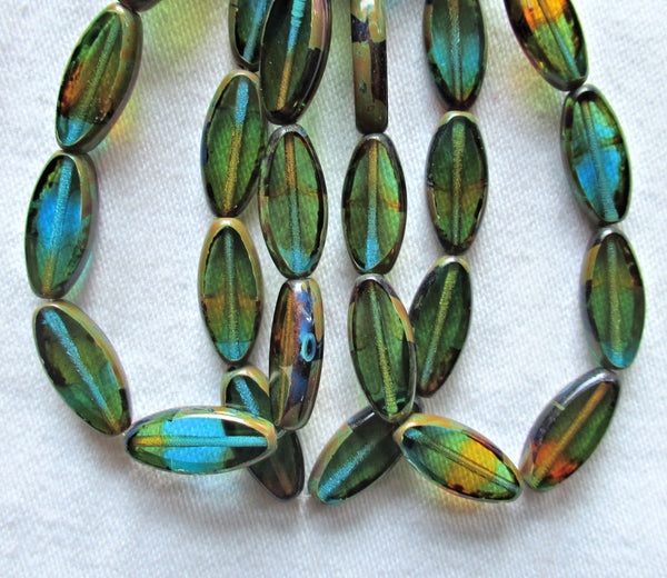 Ten Czech glass spindle beads - transparent amber, green & blue color mix - 18 x 7mm table cut almond shaped tube beads C08101