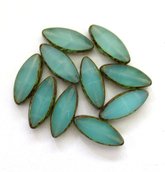 Ten Czech glass spindle beads - 7 x 18mm translucent sea-foam green picasso beads - oblong oval beads - table cut almond shaped beads C00432