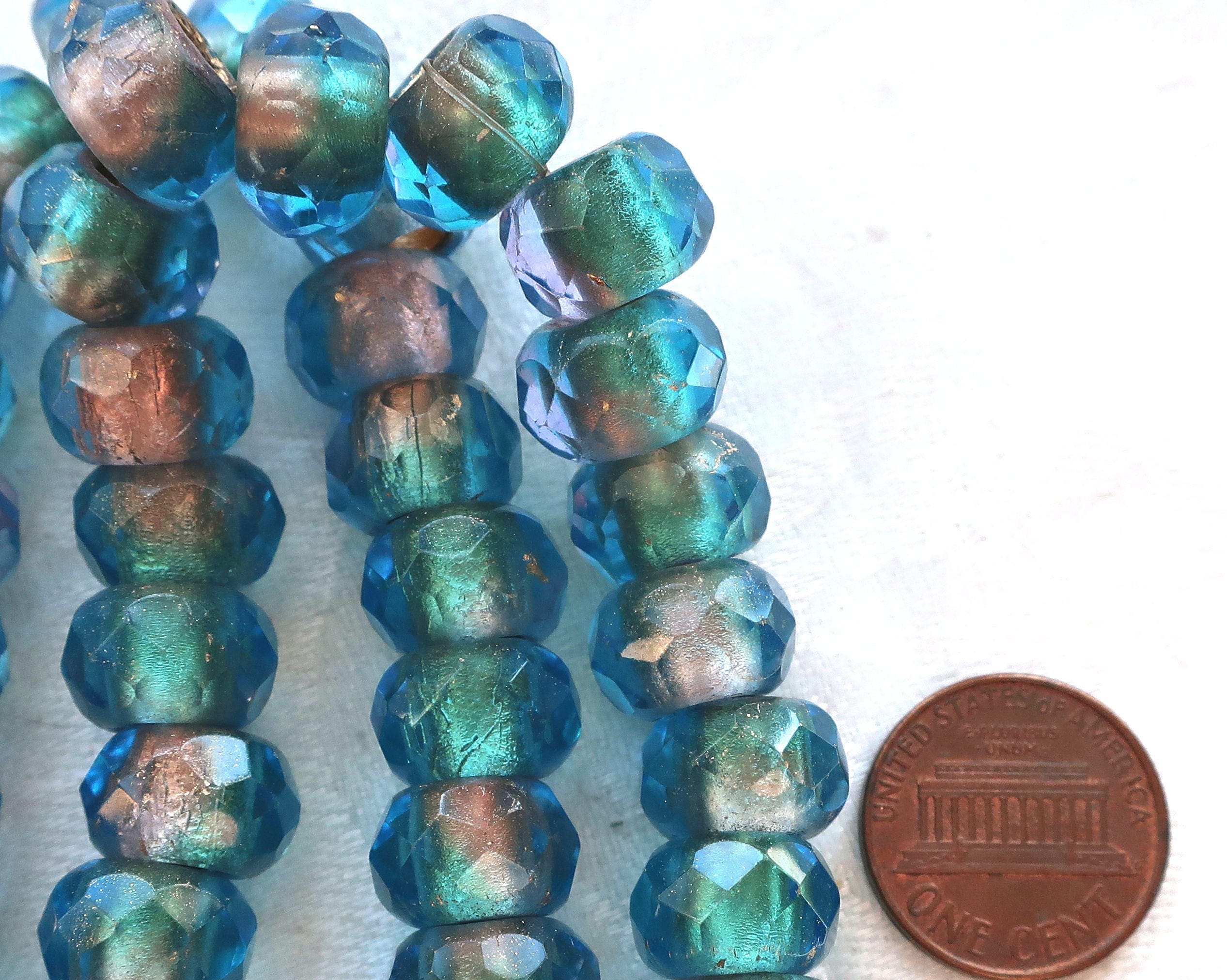 Five 12 x 8mm faceted Czech glass roller or rondelle beads - matte blue gold lined - big 5mm holes, big hole focal beads 00501
