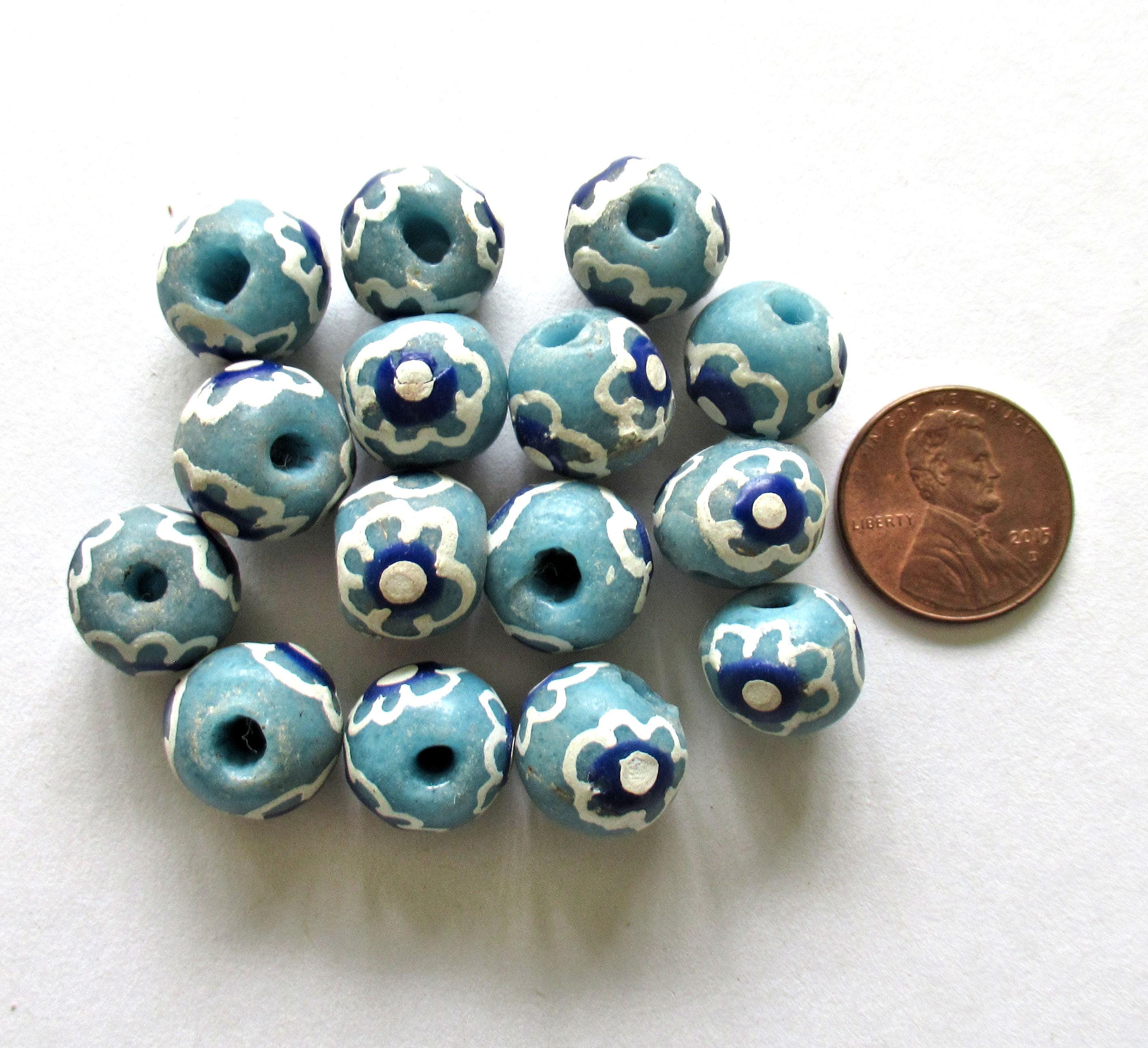 African Ghana Krobo glass donut or rondelle beads - blue & white flower beads - 11.5 to 12mm - big hole rustic beads - 8 beads - C00031