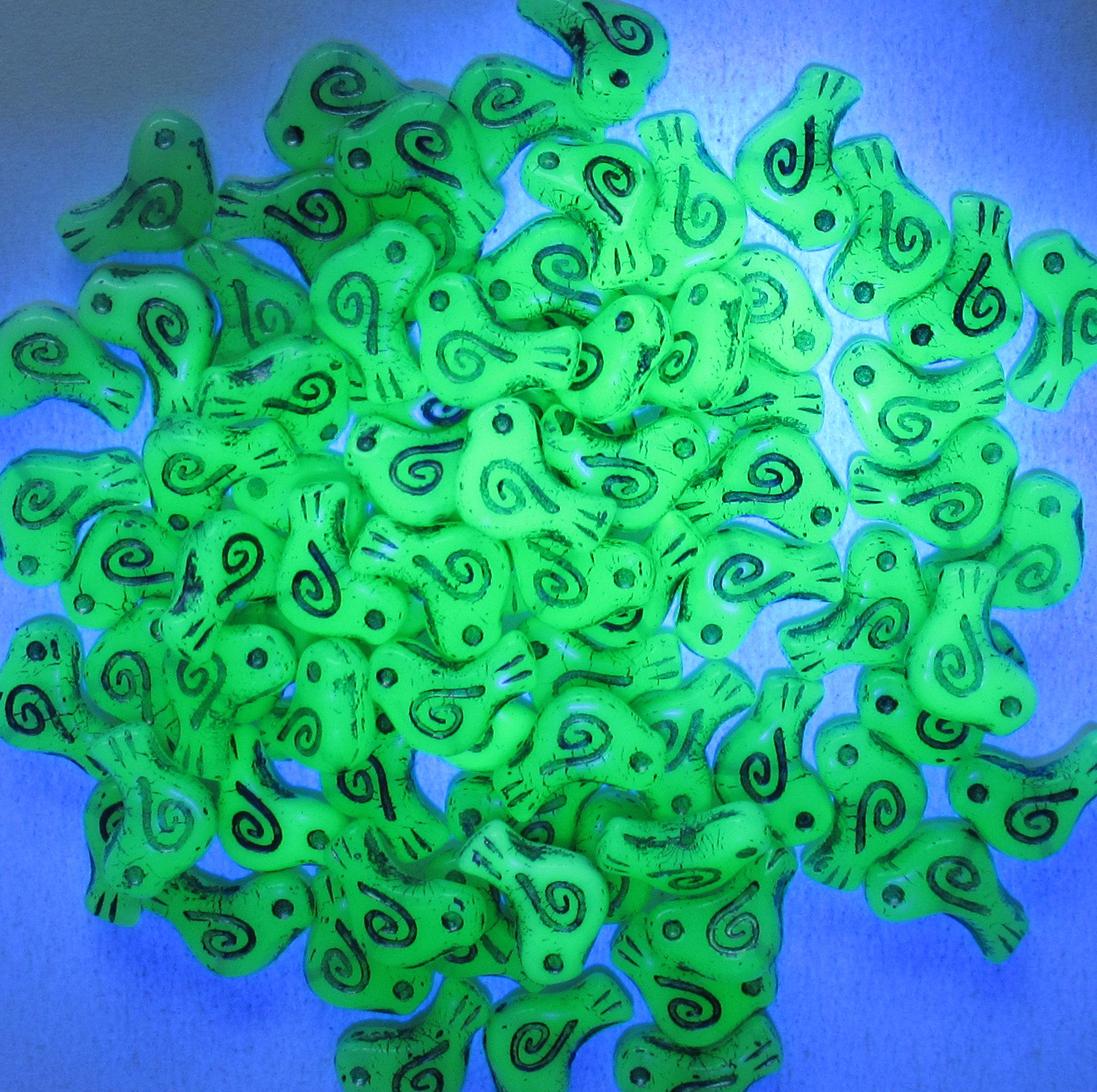 8 Czech glass bird beads - 12 x 16mm - translucent green opal with a blue wash - Vaseline / uranium glass beads C0621