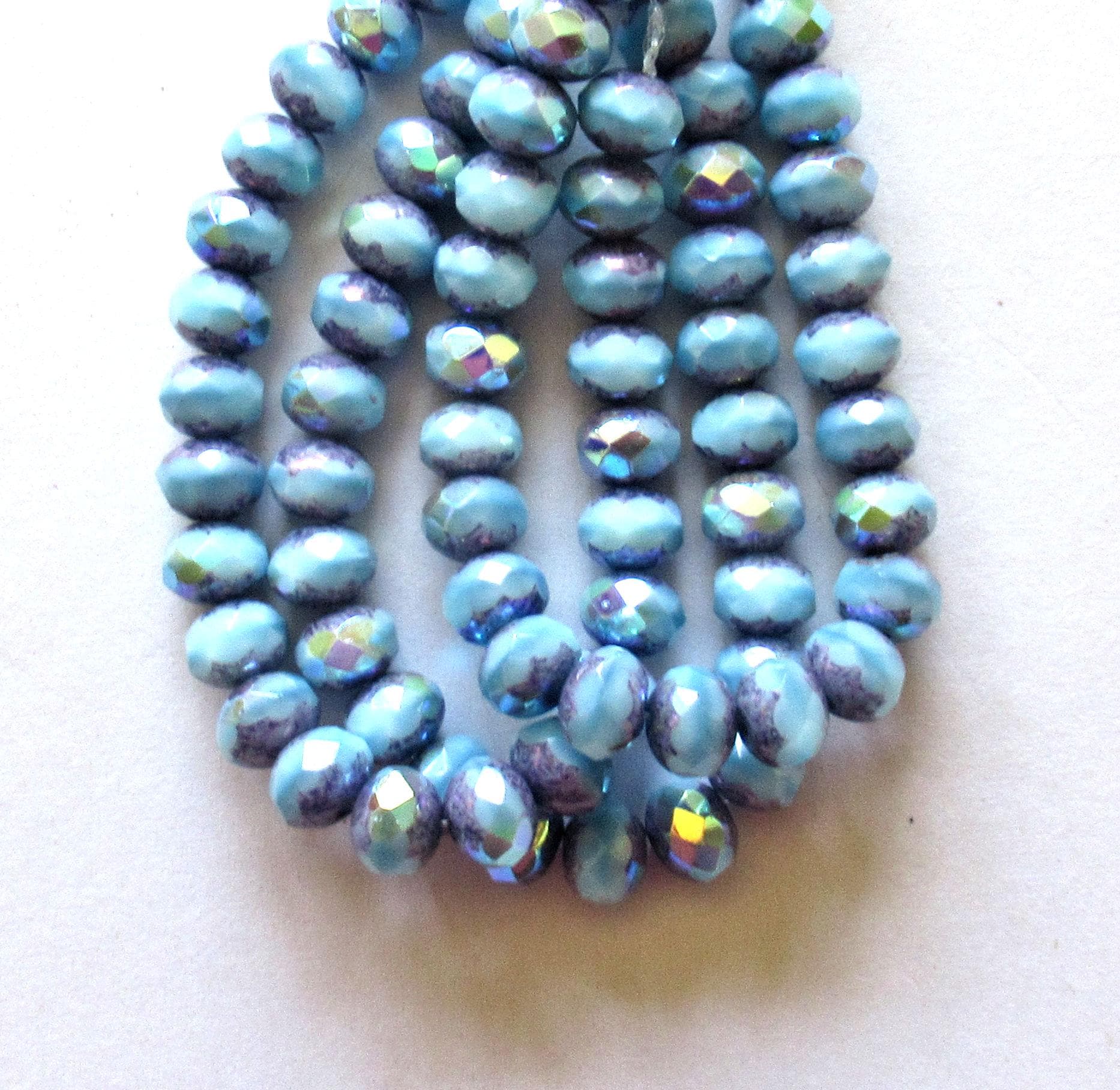 25 Czech glass puffy rondelle beads - 7 x 5mm - baby blue AB w/ purple picasso accents - C00522