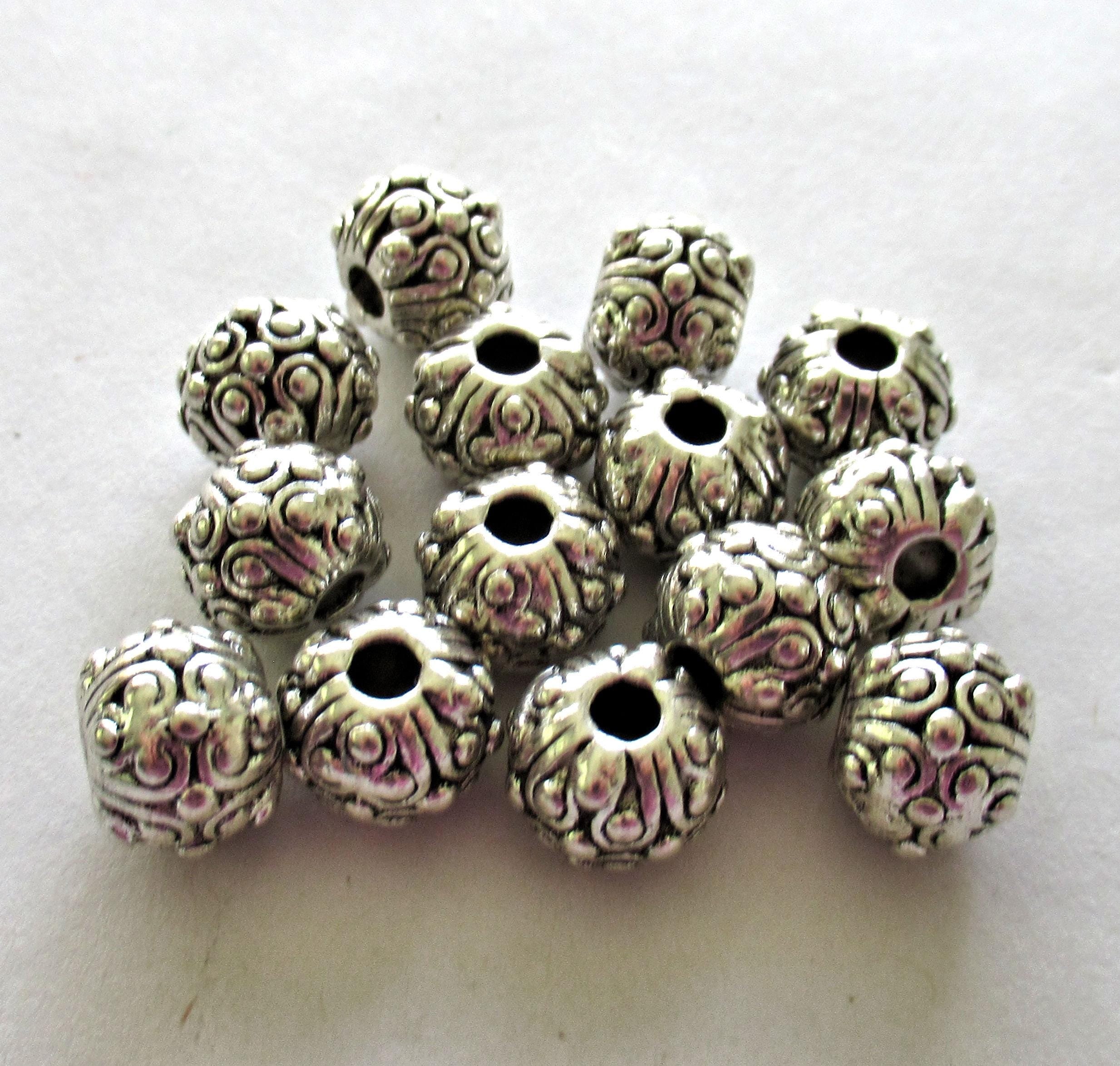 Antique Tibetan style - silver tone metal alloy beads - 10mm - ornate round big hole beads - 15 pieces - C00051