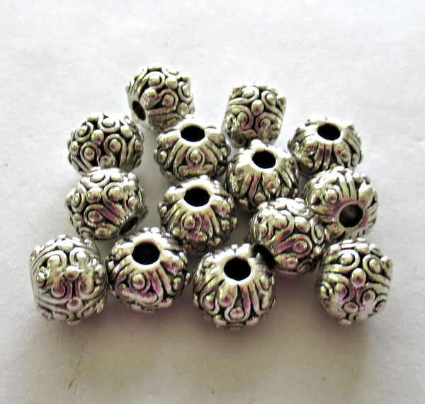 Antique Tibetan style - silver tone metal alloy beads - 10mm - ornate round big hole beads - 15 pieces - C00051