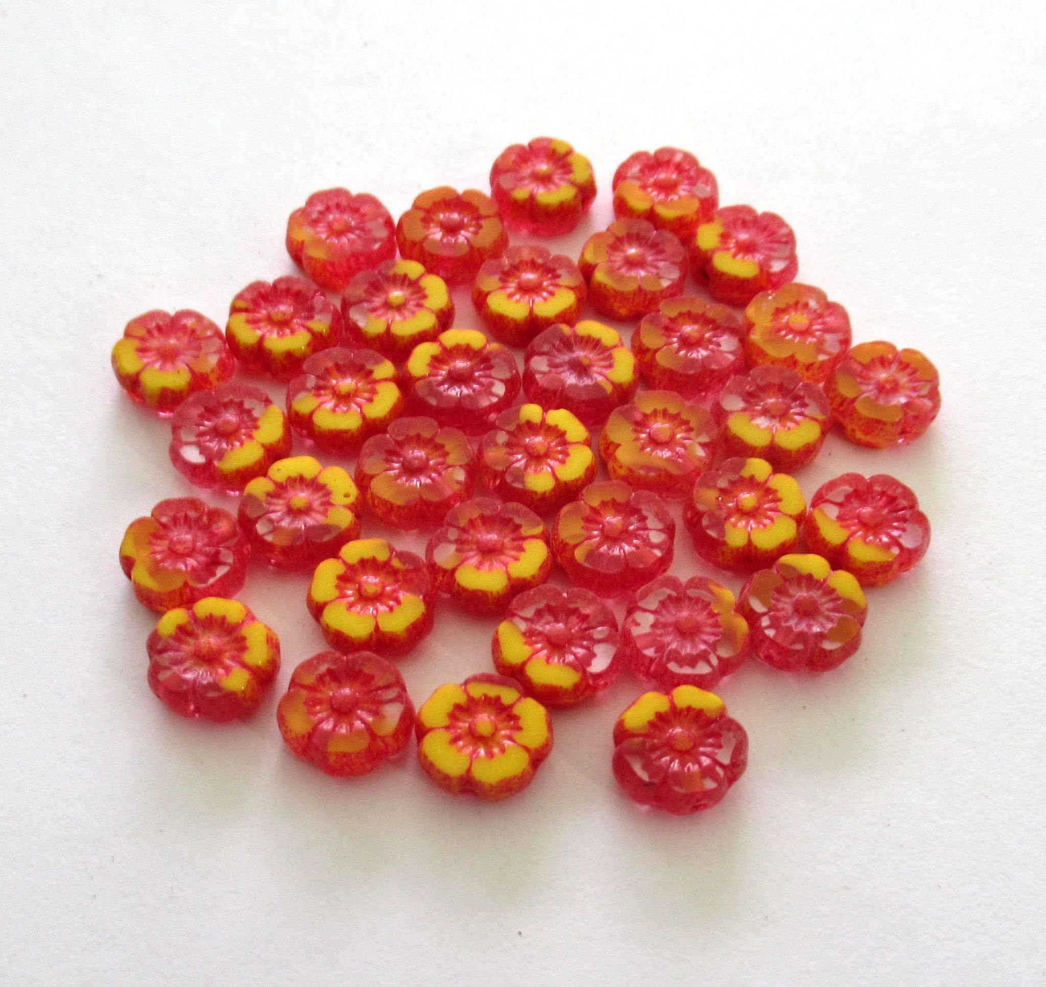 Lot of 15 8mm Czech glass flower beads - crystal and opaque yellow with an orange wash - table cut carved Hawaiian flower beads C00311