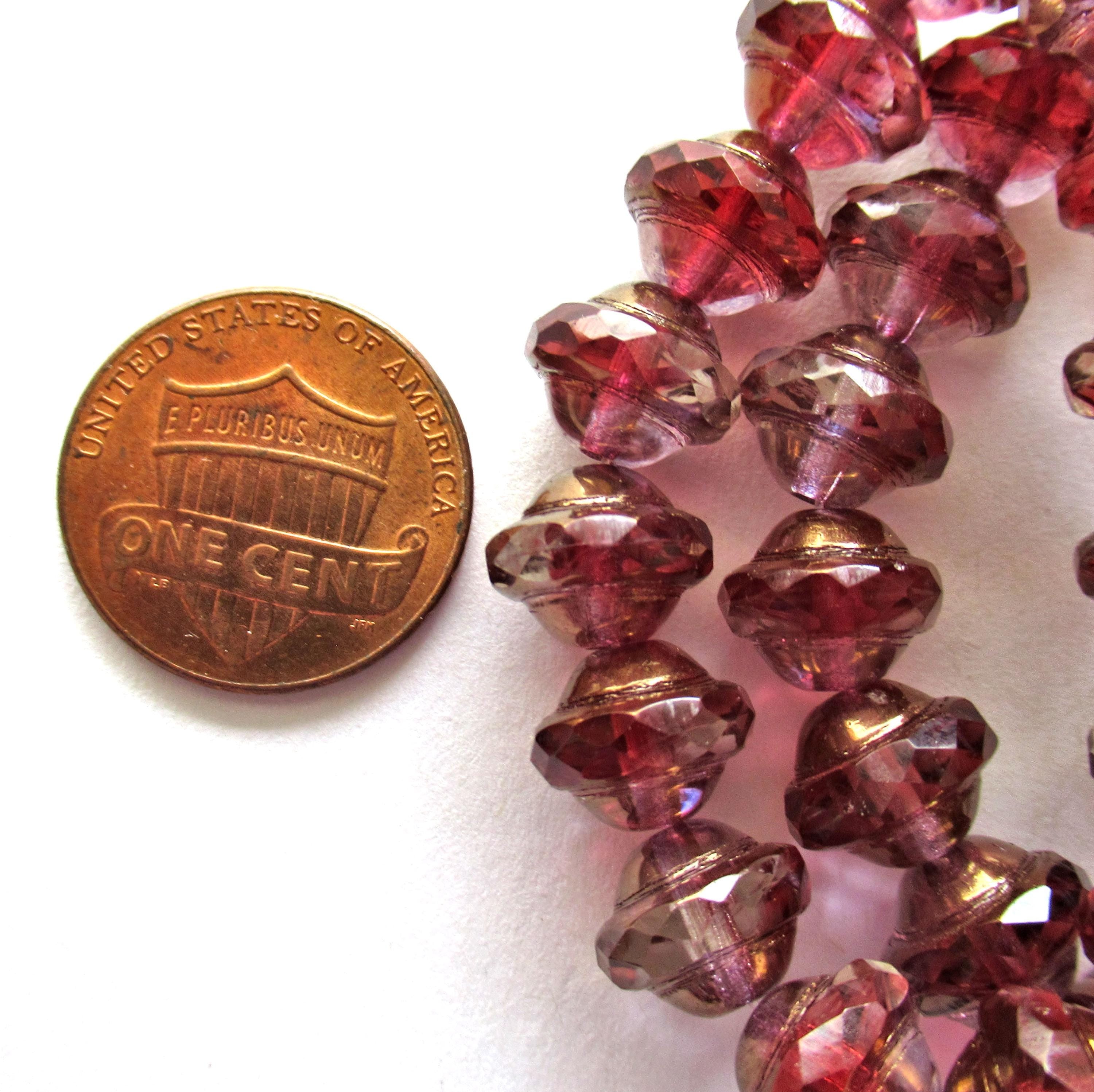 Pink Czech glass saturn beads - 8 x 10mm - marbled fuchsia pink & crystal w/ bronze accents - faceted saucer beads - 15 pcs - C00062