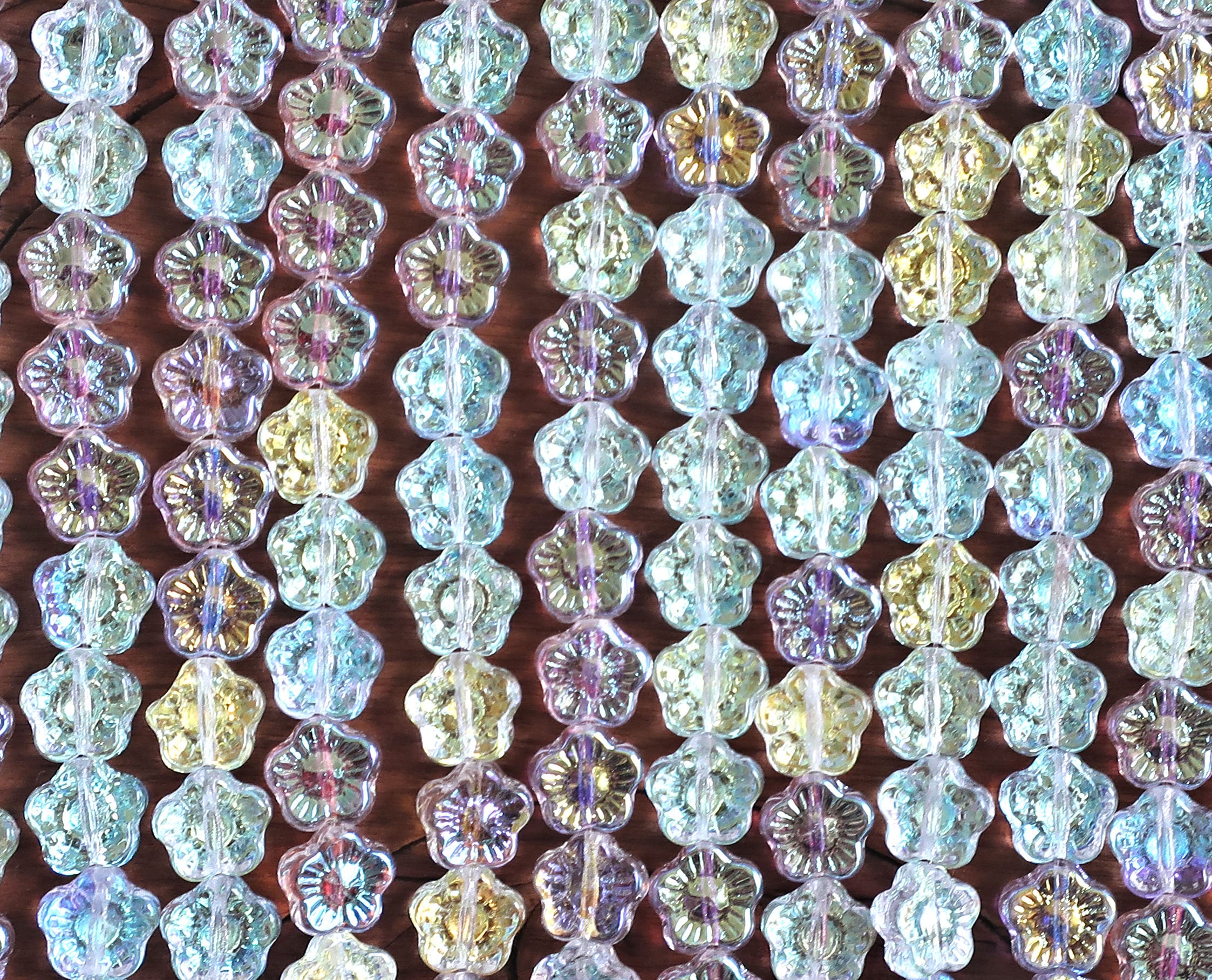 Lot of 25 10mm Crystal AB Czech glass flower beads, pressed glass white flower beads, C0036