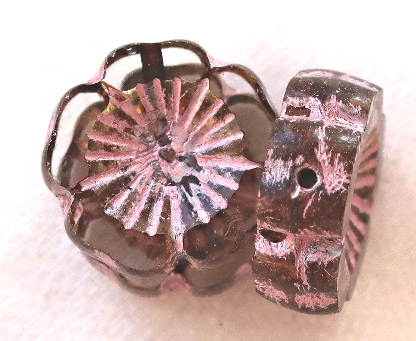 Five14mm table cut, carved, transparent crystal & pink picasso, Czech glass hibiscus Hawaiian flower beads, C61105