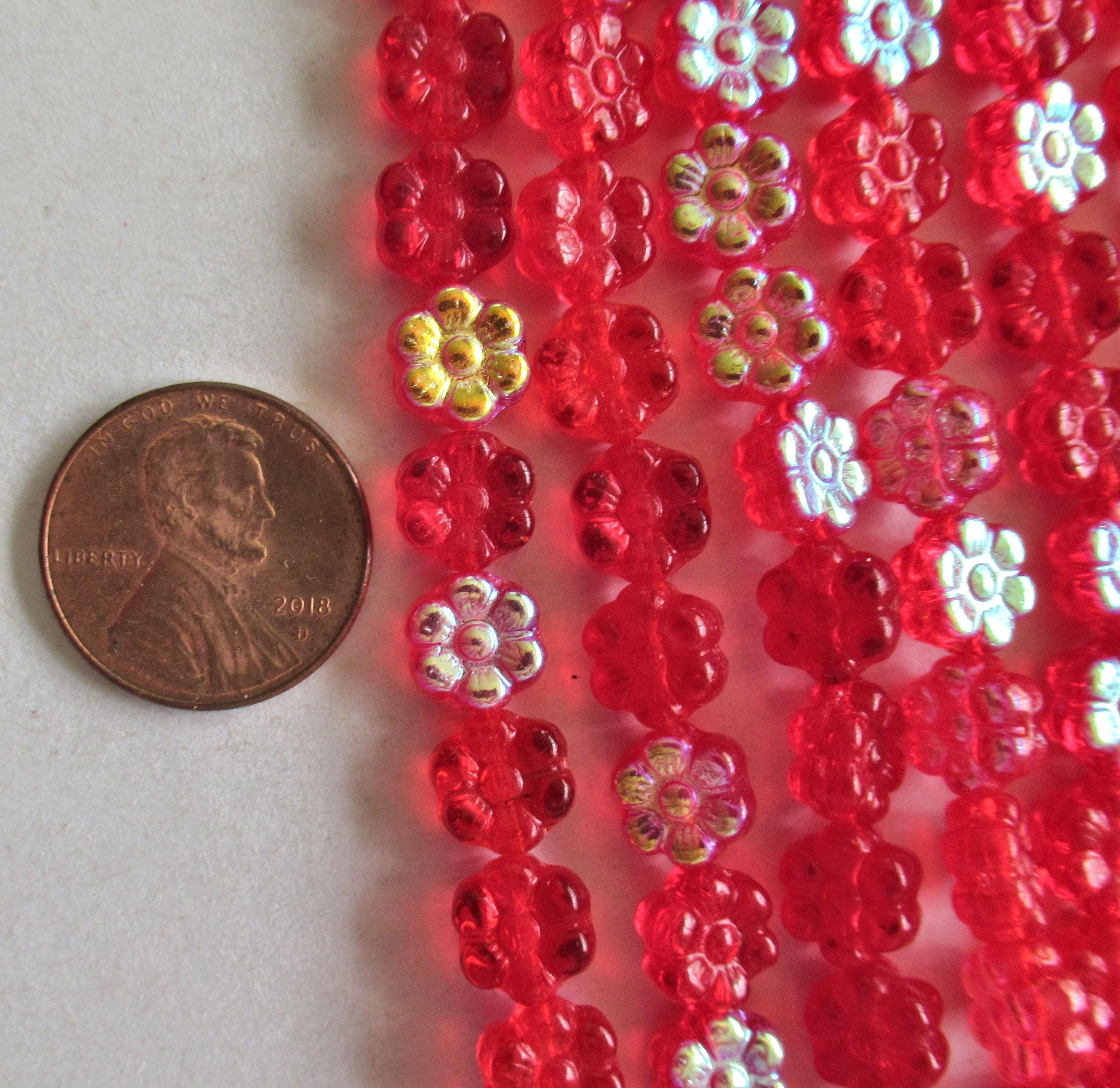 25 8mm Czech glass flower beads - bright siam red AB - pressed glass floral beads - C0074