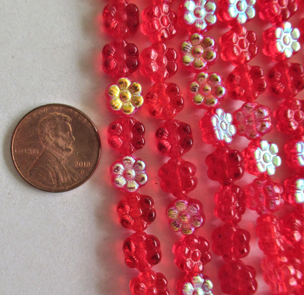 25 8mm Czech glass flower beads - bright siam red AB - pressed glass floral beads - C0074