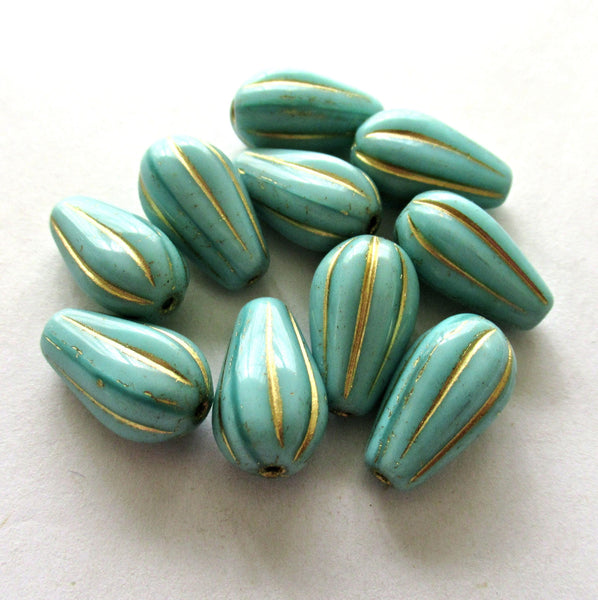 Ten Czech glass teardrop melon beads - turquoise blue green w/ gold accents - 15 x 8mm tear drops 00081