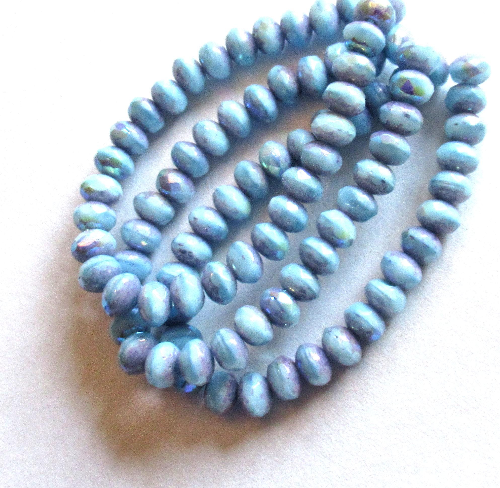 30 small Czech glass puffy rondelle beads - opaque baby blue AB w/ purple picasso accents - 3 x 5mm faceted beads - C00531