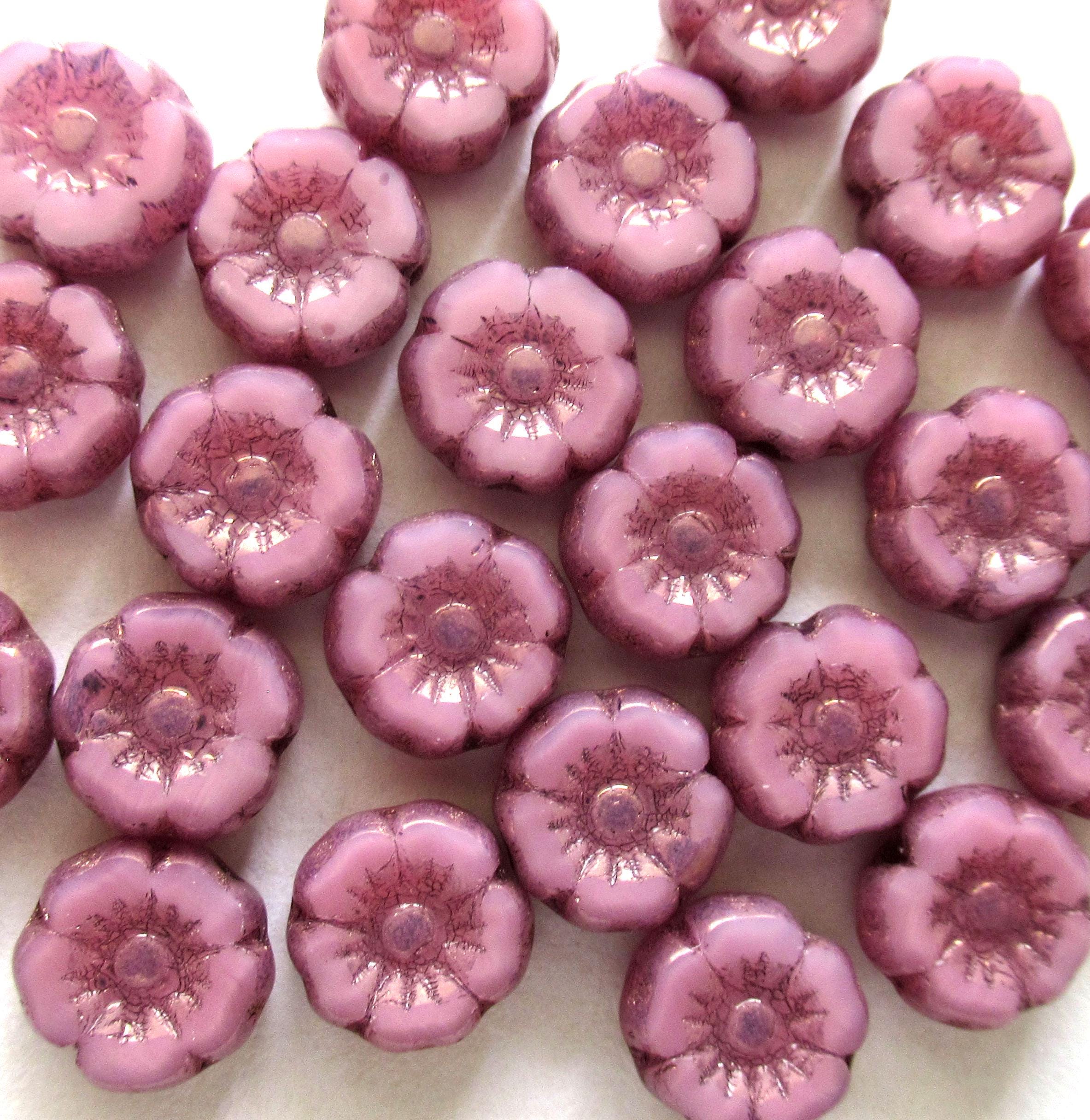 Lot of twelve 7mm Czech glass flower beads - pink opal with bronze accents - table cut carved Hawaiian hibiscus floral beads - C00081