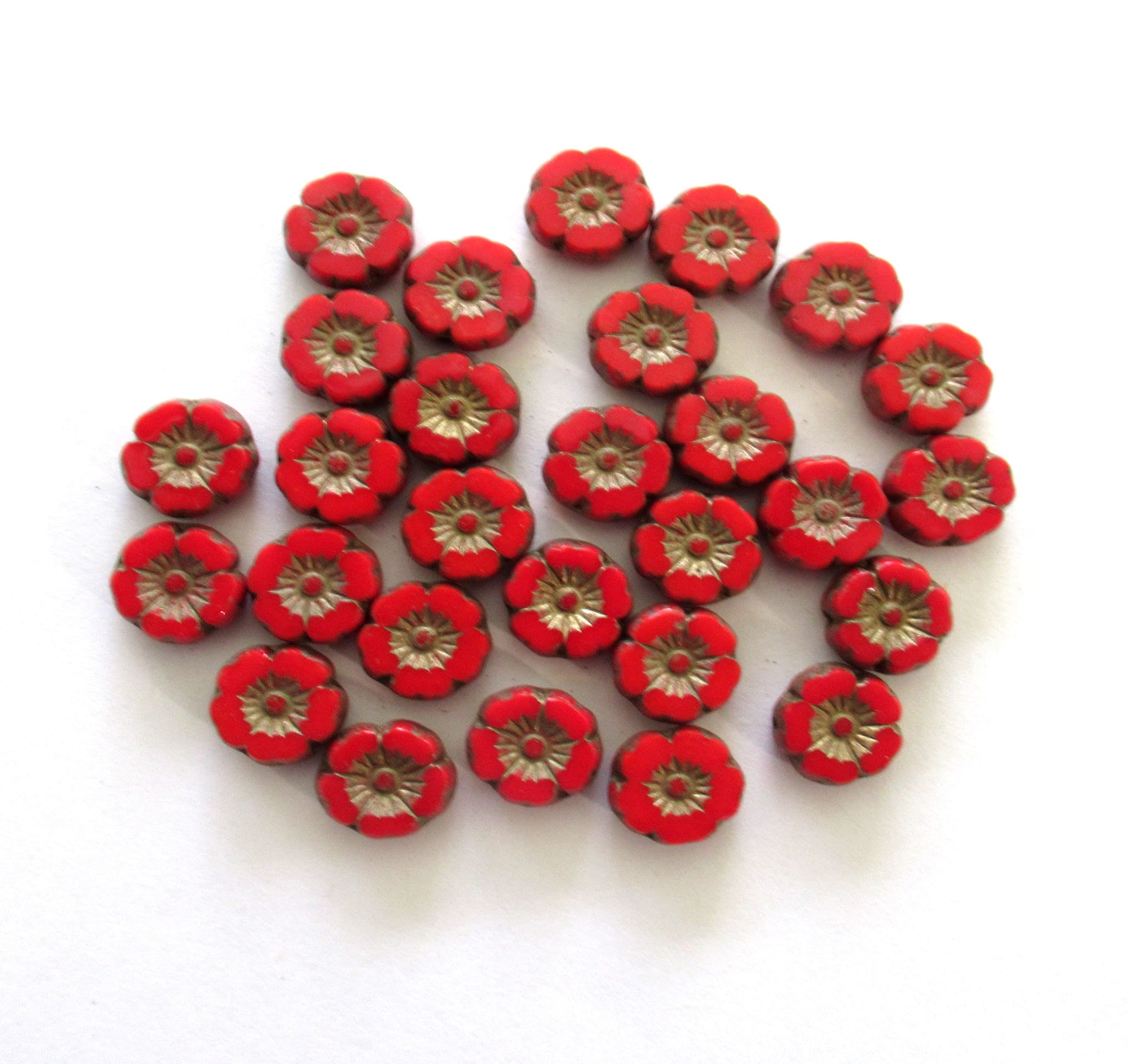 Lot of 15 8mm Czech glass flower beads - opaque red w/ gold accents - table cut carved Hawaiian flower beads C00311