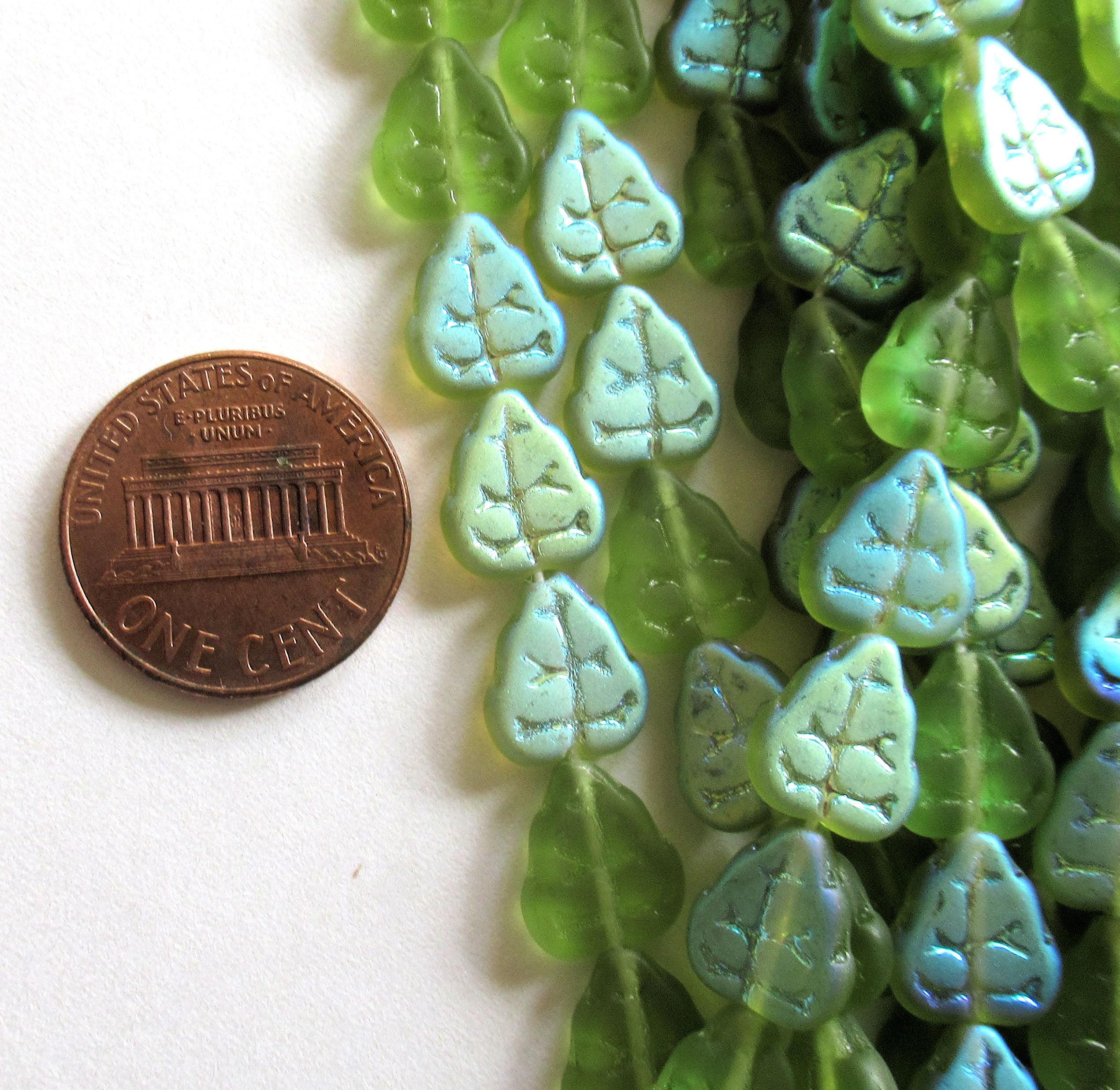 25 Czech glass leaf beads - Matte Olivine Green AB - center drilled - 8 x 10mm - C0056