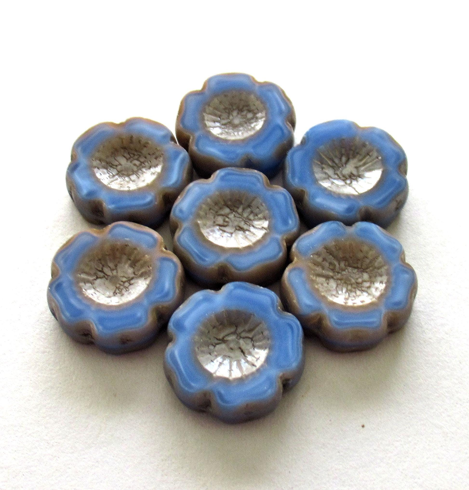 Six Czech glass flower beads - 14mm - marbled light blue w/ picasso accents - table cut carved - Hawaiian hibiscus flower beads C00021