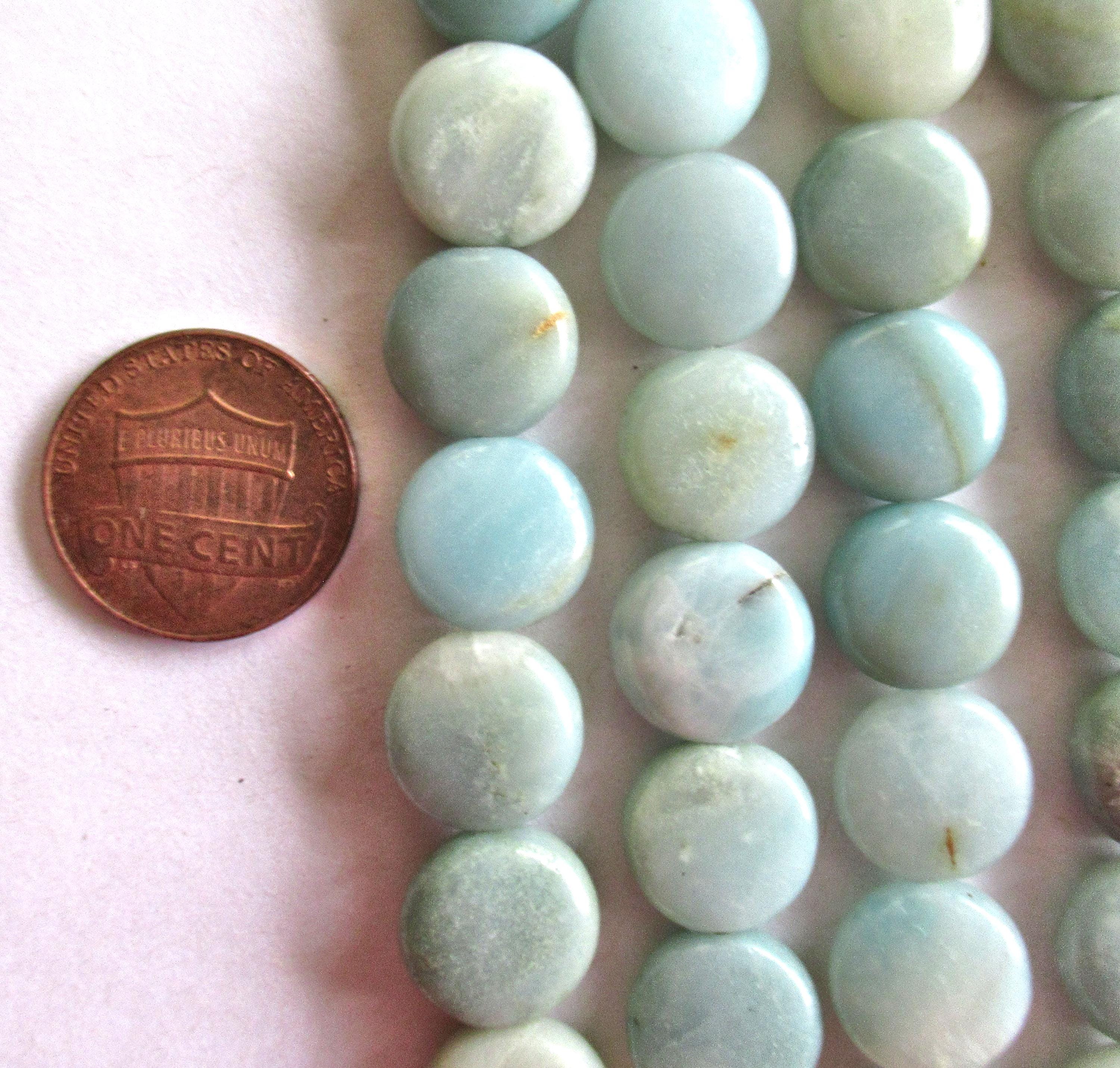 Amazonite coin beads - 11 to 12mm - smooth light blue semiprecious gemstone beads - 35 beads - 15.5 inch strand - 0000