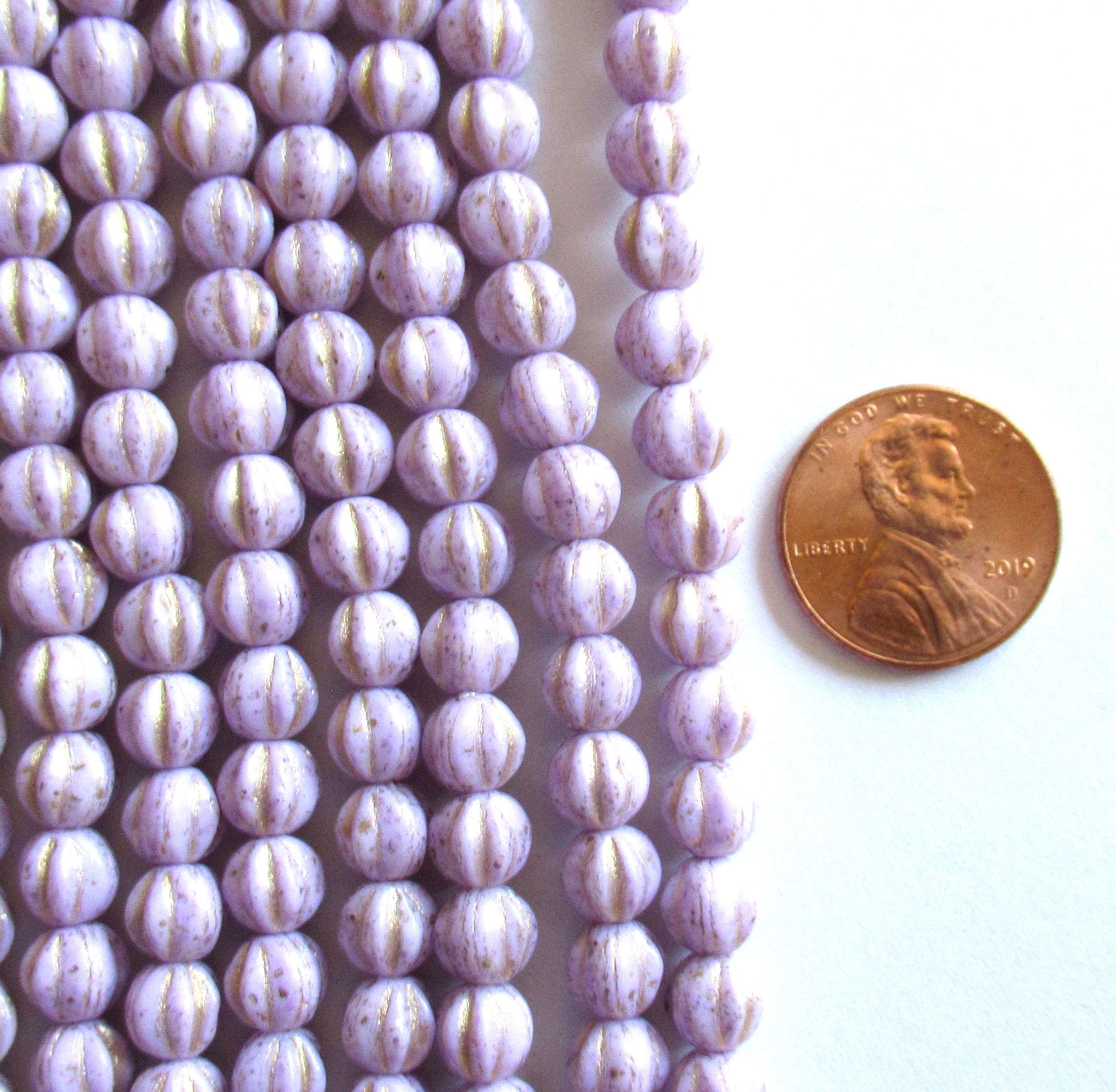 25 Czech glass melon bead - 6mm - opaque purple, lavender or lilac with gold accents - C00901