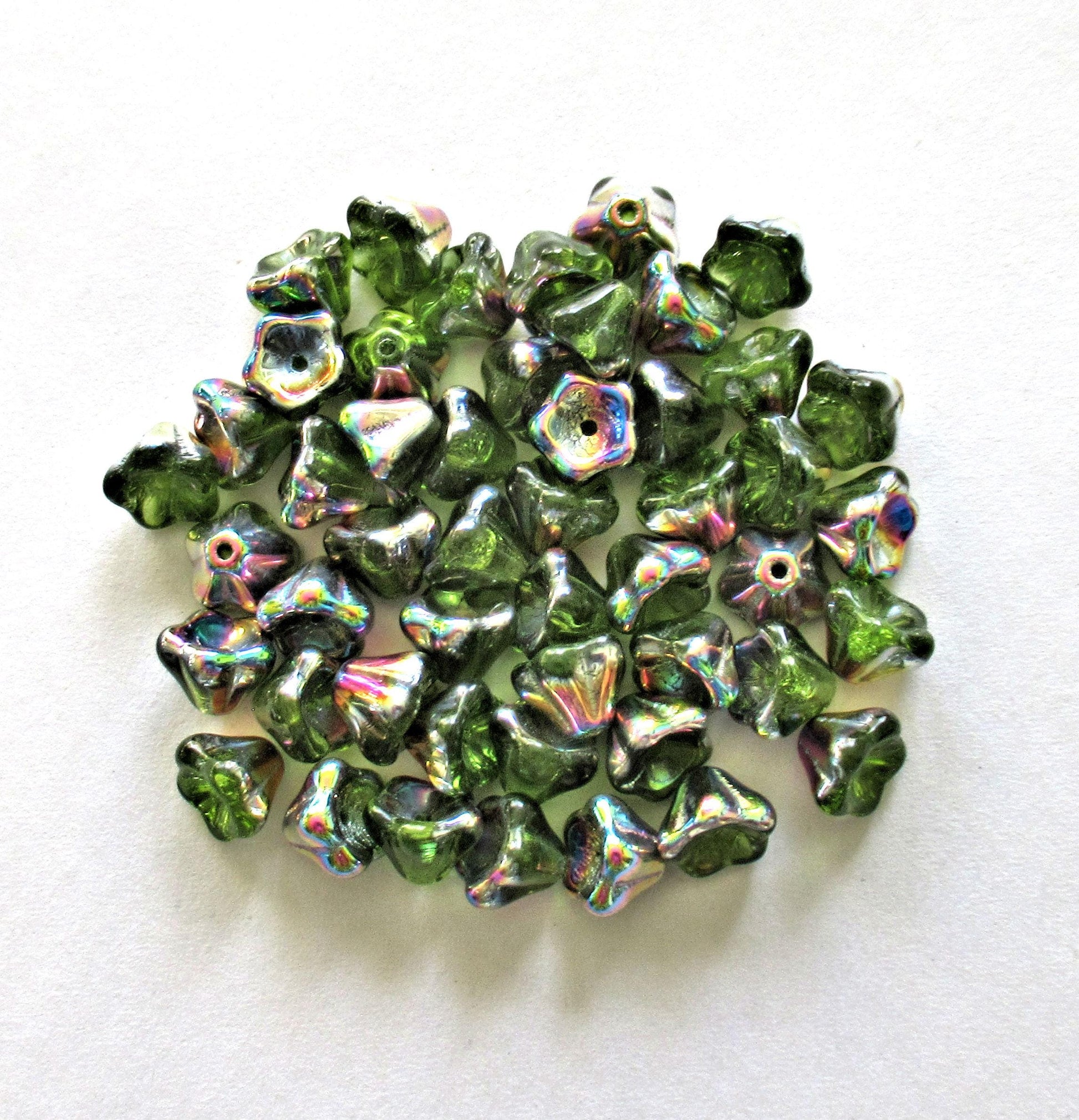 25 Czech glass bell flower beads - olivine green vitrail pressed glass flower beads - 8 x 6mm - C0026 - Glorious Glass Beads