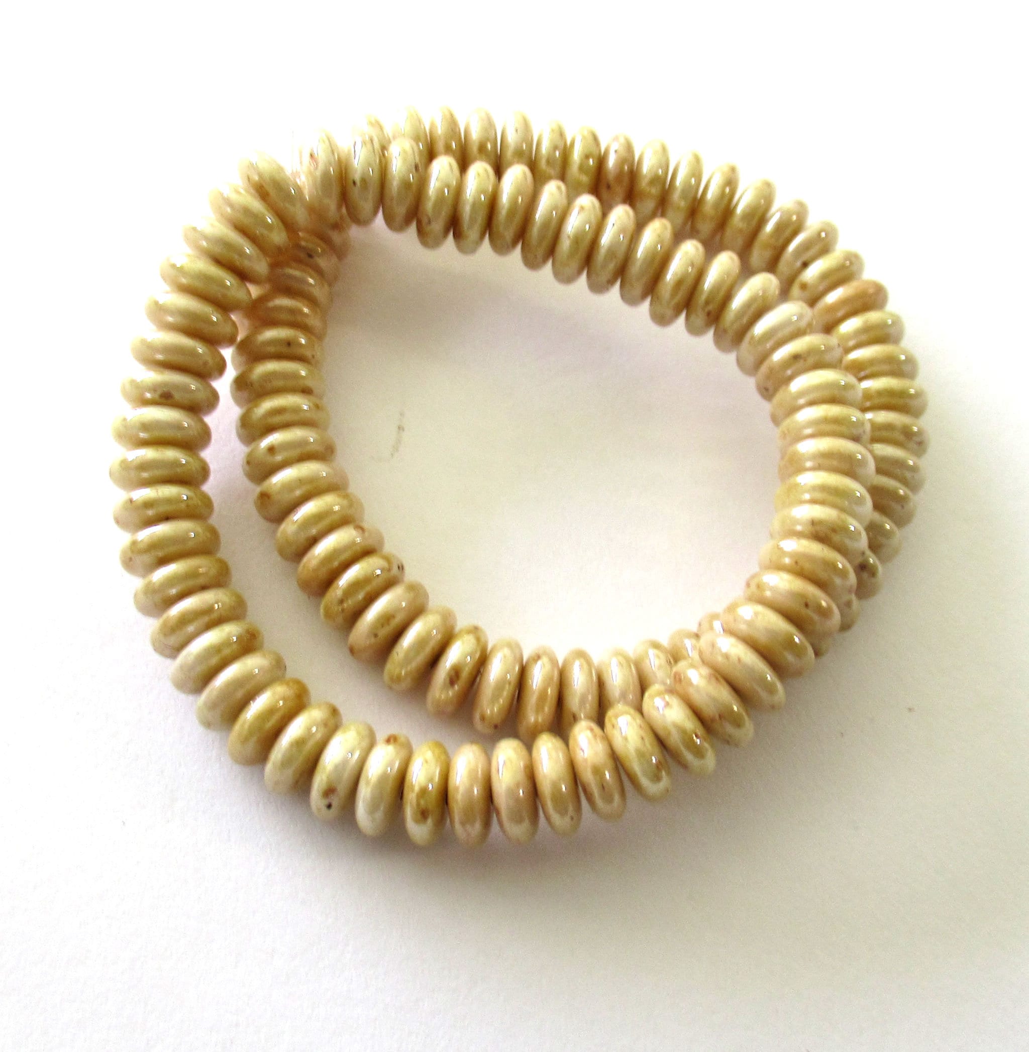 50 6mm Czech glass rondelle spacer beads - opaque off white with a splotchy beige luster finish - flat spacers or rondelles C0601
