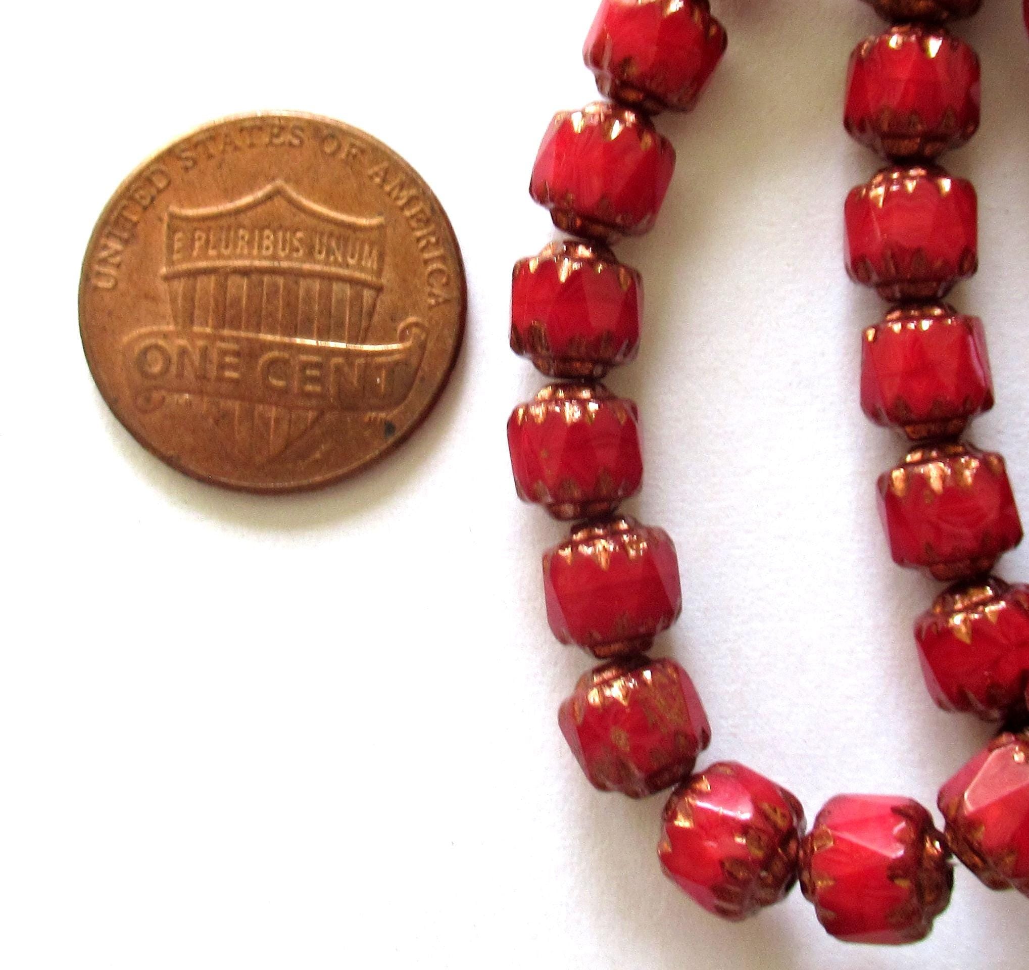 Lot of 20 6mm Czech glass cathedral beads - red opal w/ copper accents - faceted fire polished antique cut beads - C00971