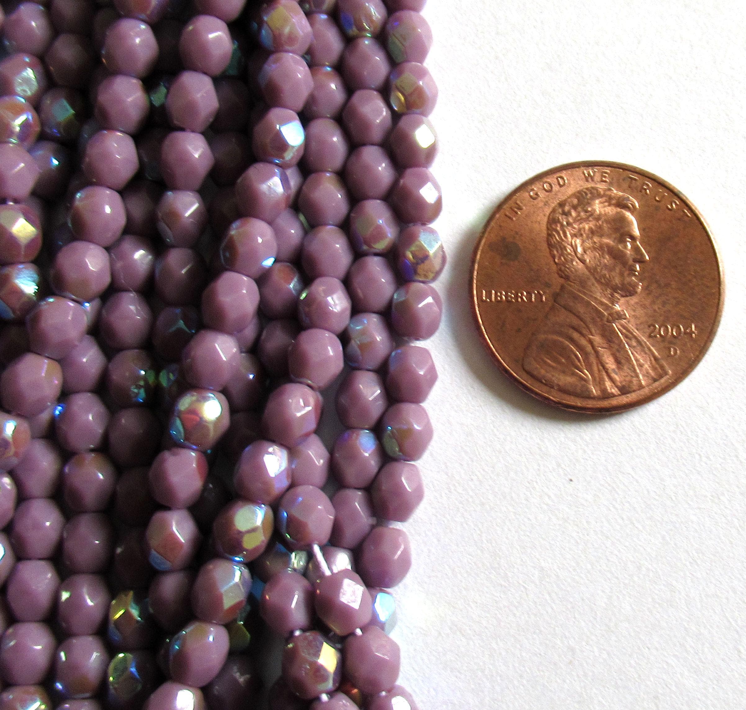 50 4mm Czech glass beads - Opaque Purple AB - faceted smooth round beads - C0066