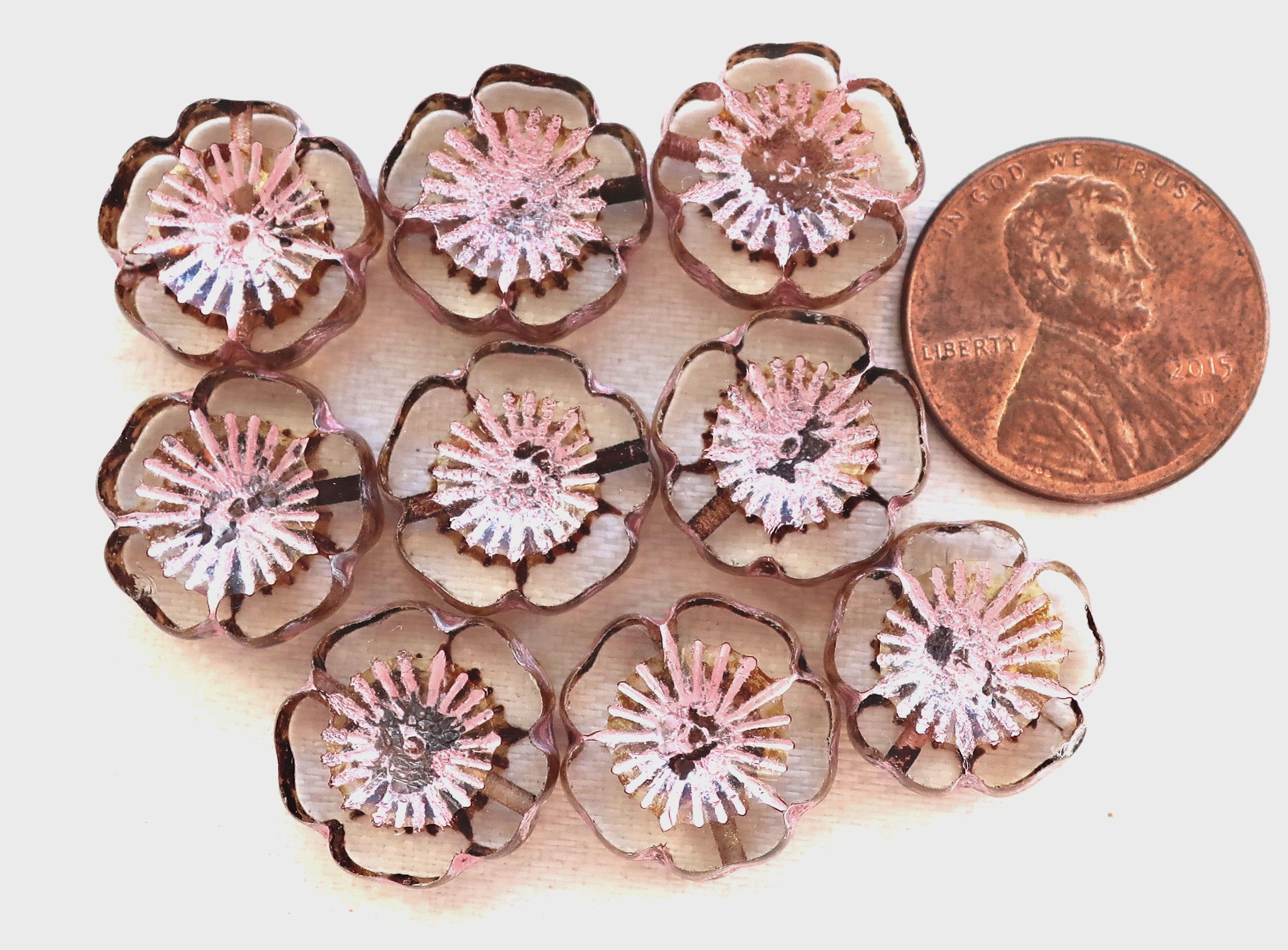 Five14mm table cut, carved, transparent crystal & pink picasso, Czech glass hibiscus Hawaiian flower beads, C61105