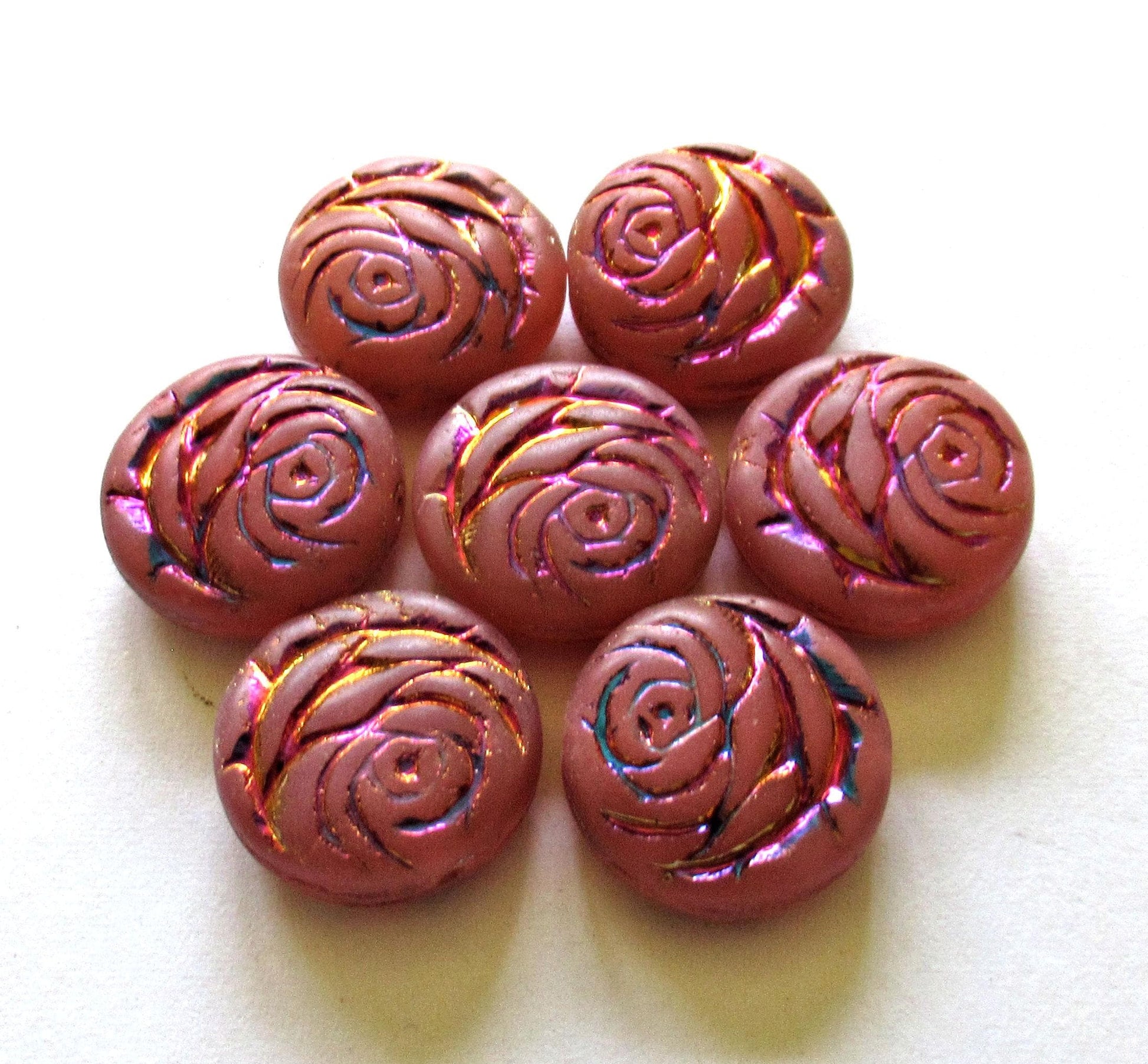 6 Czech glass flower coin beads - 17mm - milky pink - puffy pillow rose beads w/ a metallic wash - C00602 - Glorious Glass Beads