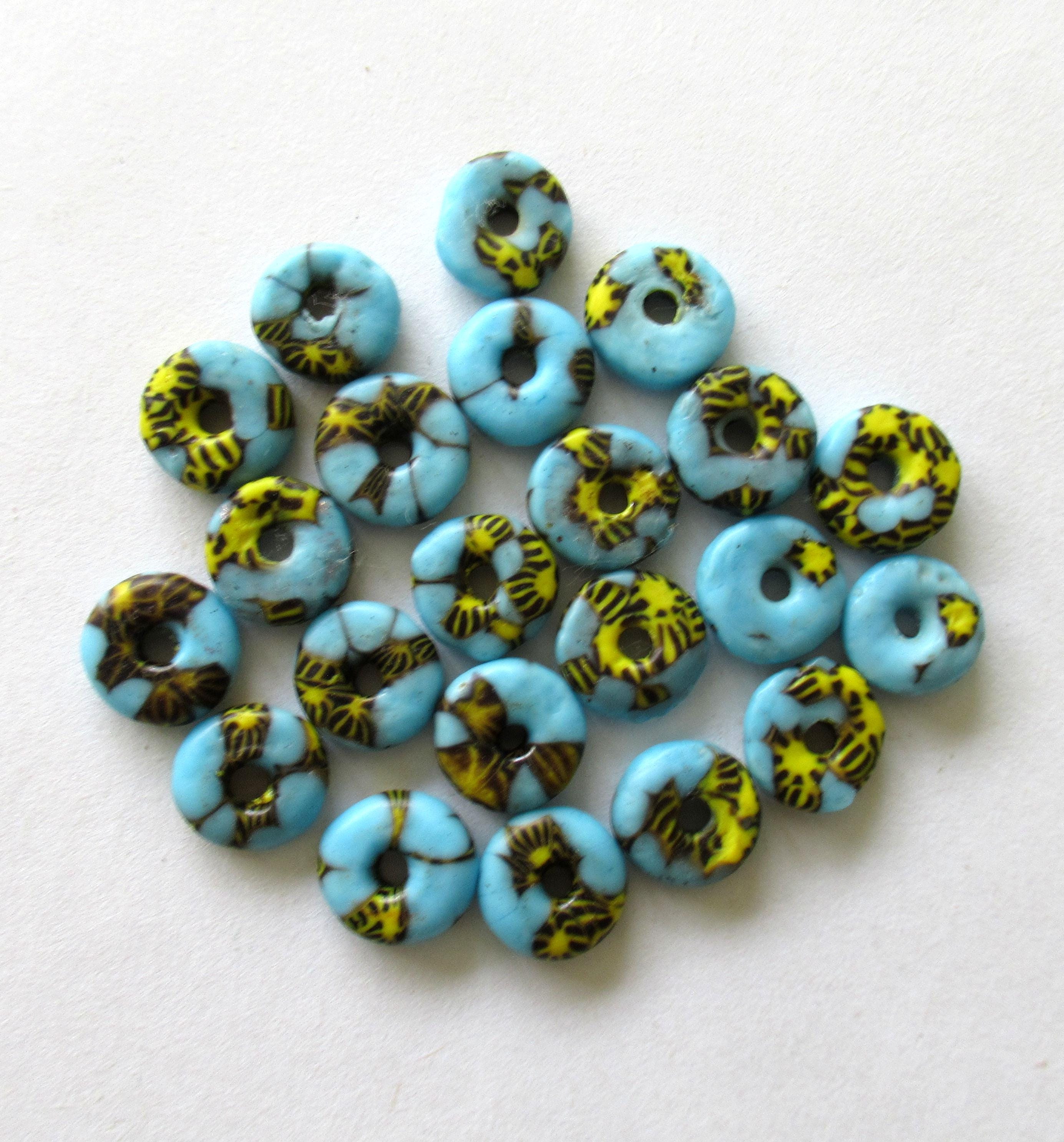 15 African recycled glass rondelle spacer beads - blue yellow & black beads - 10 to 11mm by 3.5mm thick - big hole - rustic beads - 00521
