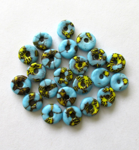 15 African recycled glass rondelle spacer beads - blue yellow & black beads - 10 to 11mm by 3.5mm thick - big hole - rustic beads - 00521