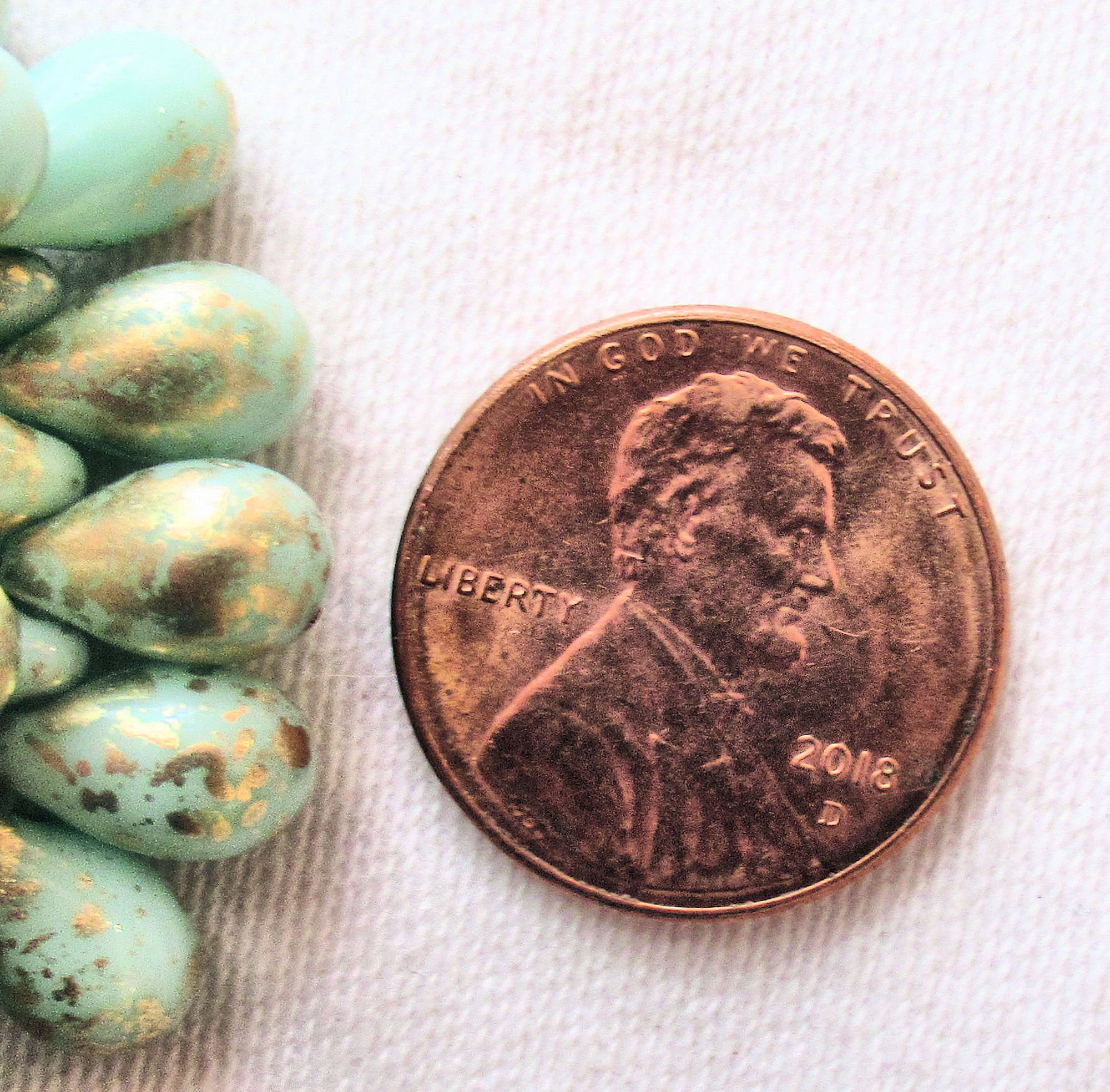 Lot of 25 Czech glass drop beads - opaque mint green with gold accents - smooth teardrop beads - 9 x 6mm C82101