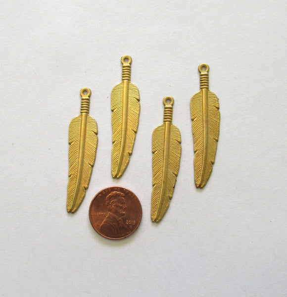 4 Raw Brass Stampings - feather dangles - charms - drops - earrings - 1.75 by .5" inches - made in the USA C00801