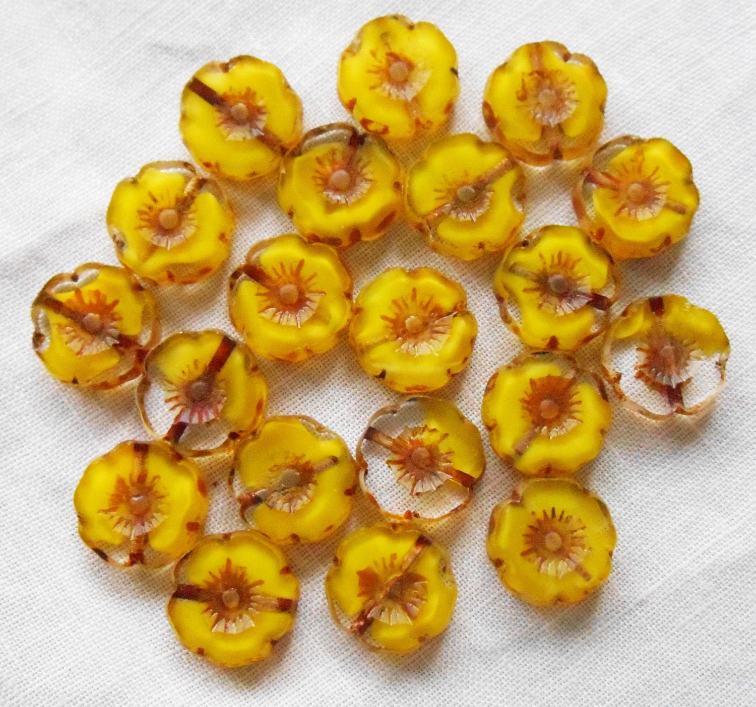 Six 14mm Czech glass flower beads - table cut, carved, yellow picasso Hawaiian floral beads C02101
