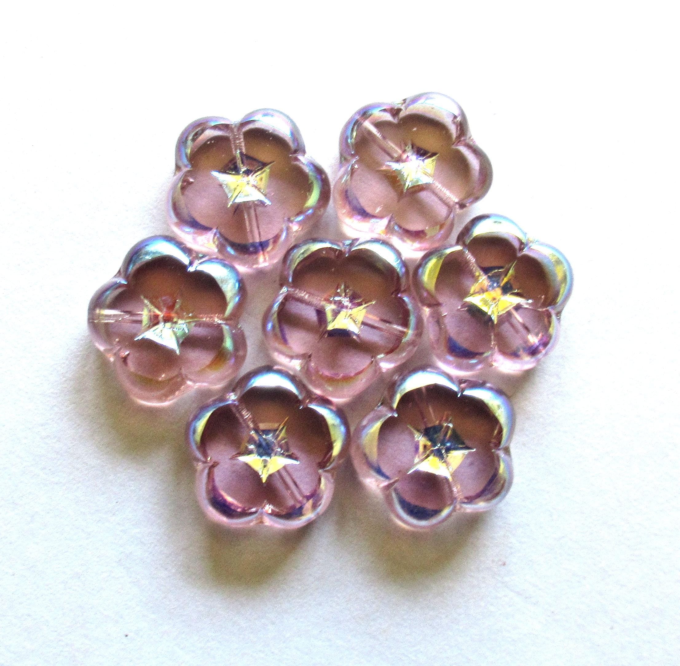6 Czech glass flower beads - 14mm - table cut & carved - light purple amethyst w/ rainbow AB accents - C00541