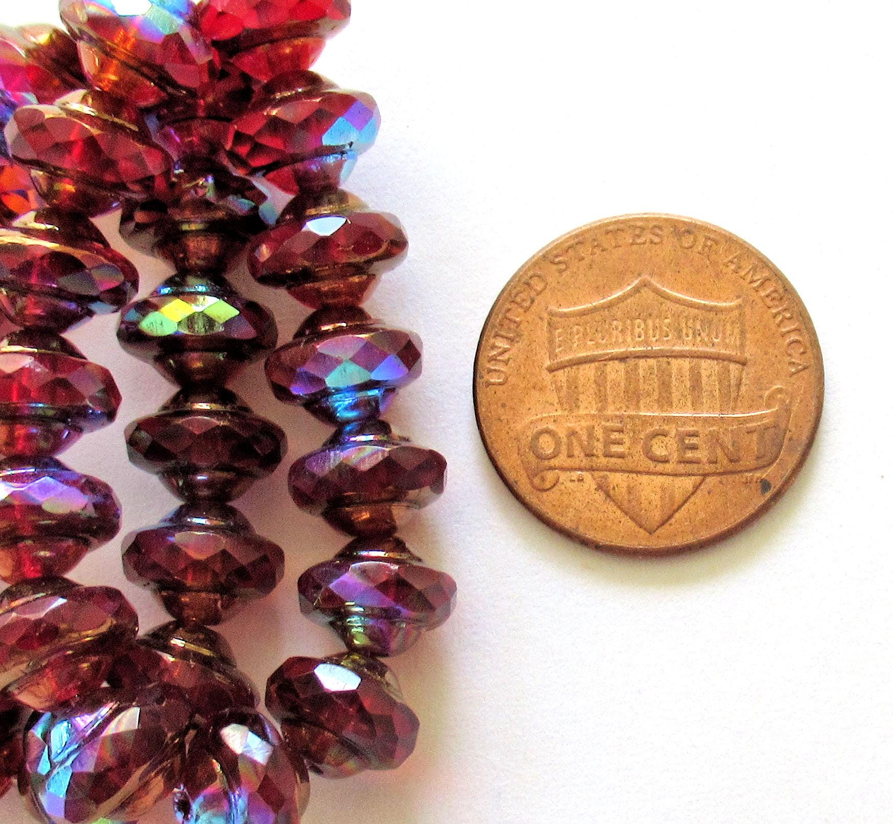 15 Czech glass mini faceted saturn or saucer beads - transparent red & orange w/ bronze and ab accents - 6 x 8mm - C00572