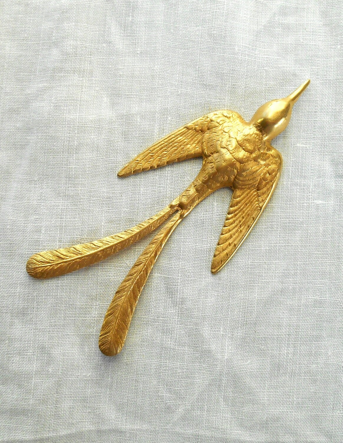 1 large raw brass stamping, art nouveau, elongated flying bird, pendant, charm, ornament, connector 3.5" x 1.37" USA msde C1901 - Glorious Glass Beads