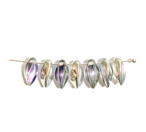 20 Czech glass twisted teardrop, petal or dagger beads - top drilled 6 x 12mm violet purple and silver pressed glass beads C0016