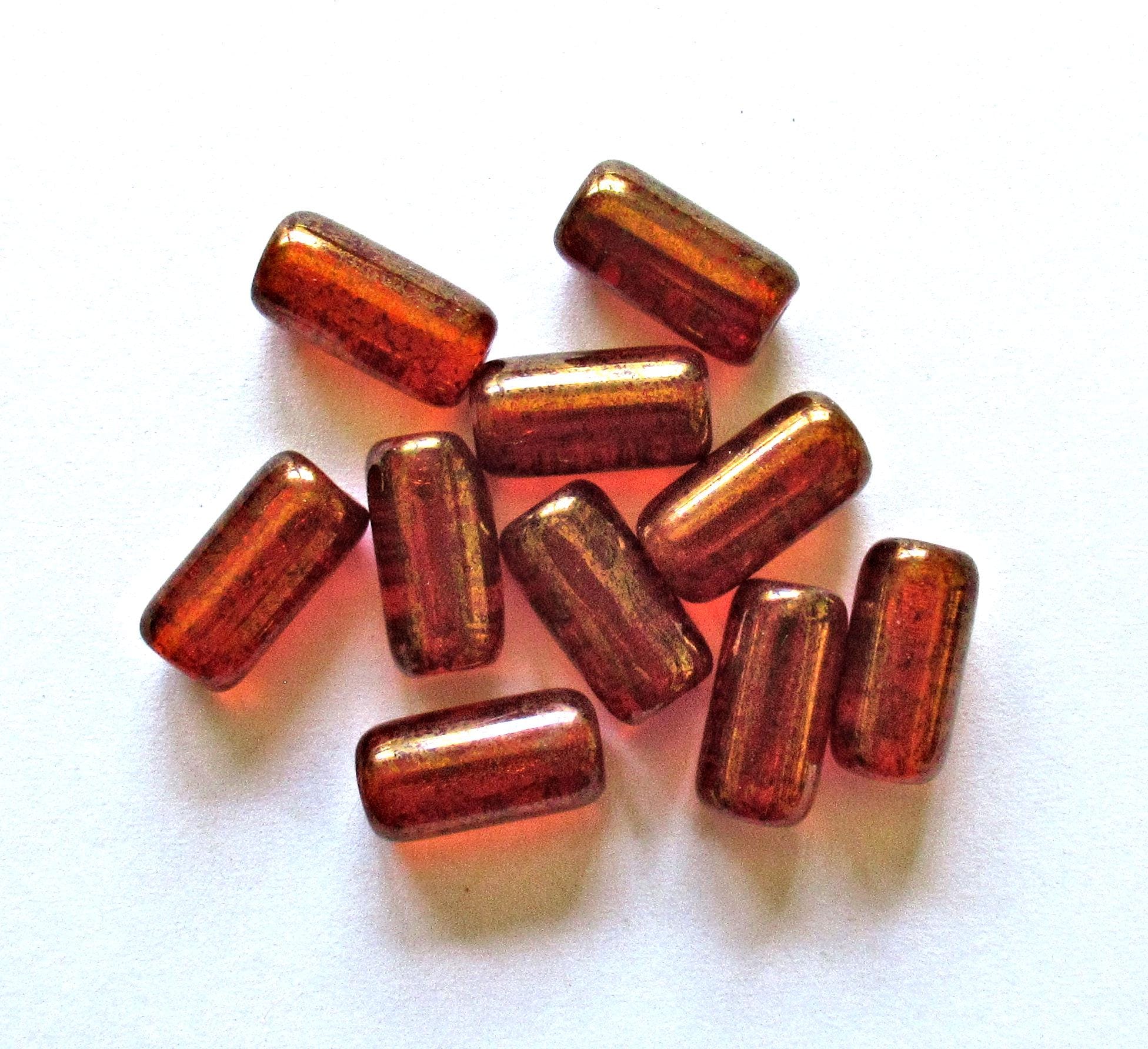 Ten Czech glass tube beads - light red w/ gold luster finish & big 2mm holes - 7 x 14mm - C00361